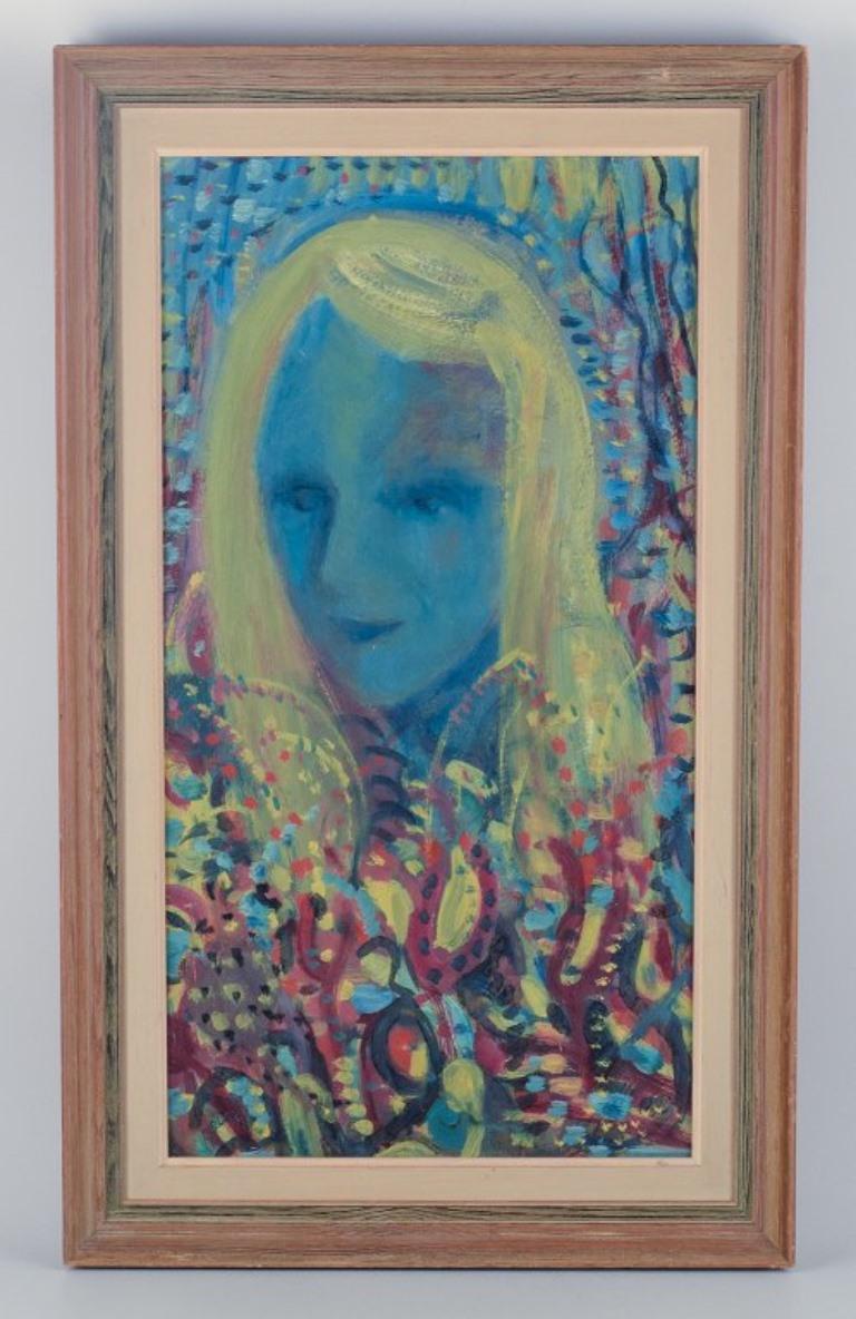 Lennart Pilotti (1912-1981), Swedish artist. Oil on board.
Modernist portrait of a young woman. 
Ca. 1970s.
In perfect condition.
Signed.
Dimensions: H 56.0 cm x W 30.0 cm.
Total: H 68.0 cm x W 41.0 cm.