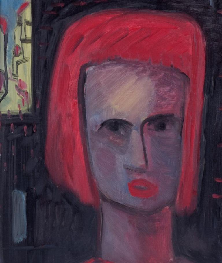 Lennart Pilotti, schwedischer Künstler. Öl auf Karton. Modernistisches Porträt einer jungen Frau (Moderne) im Angebot