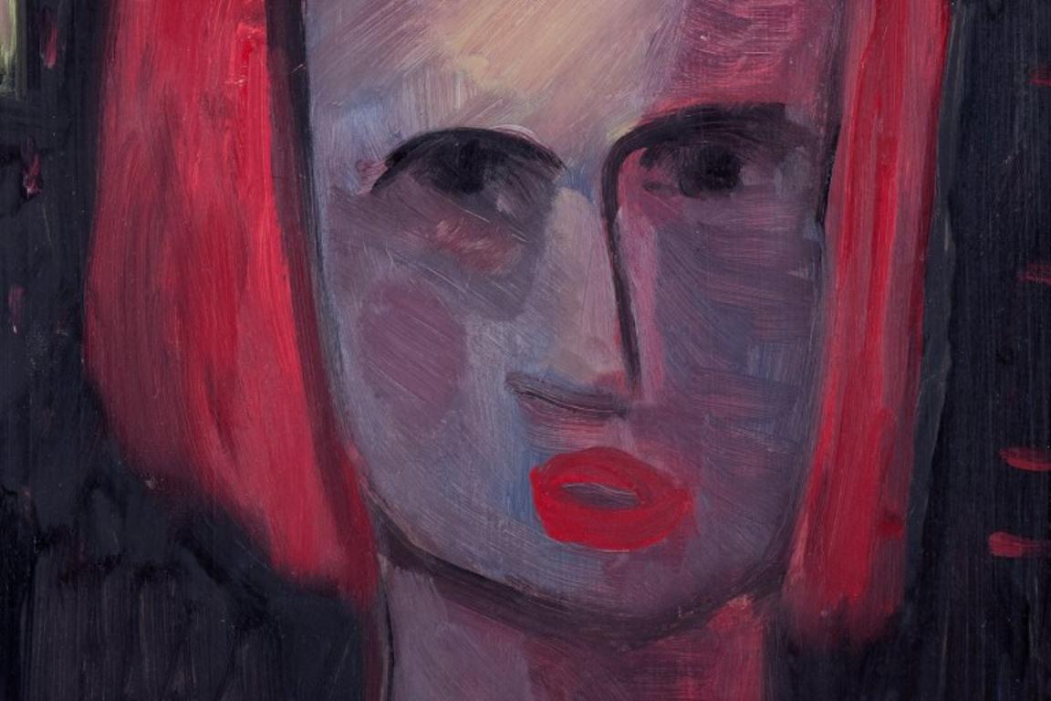 Lennart Pilotti, schwedischer Künstler. Öl auf Karton. Modernistisches Porträt einer jungen Frau (Schwedisch) im Angebot