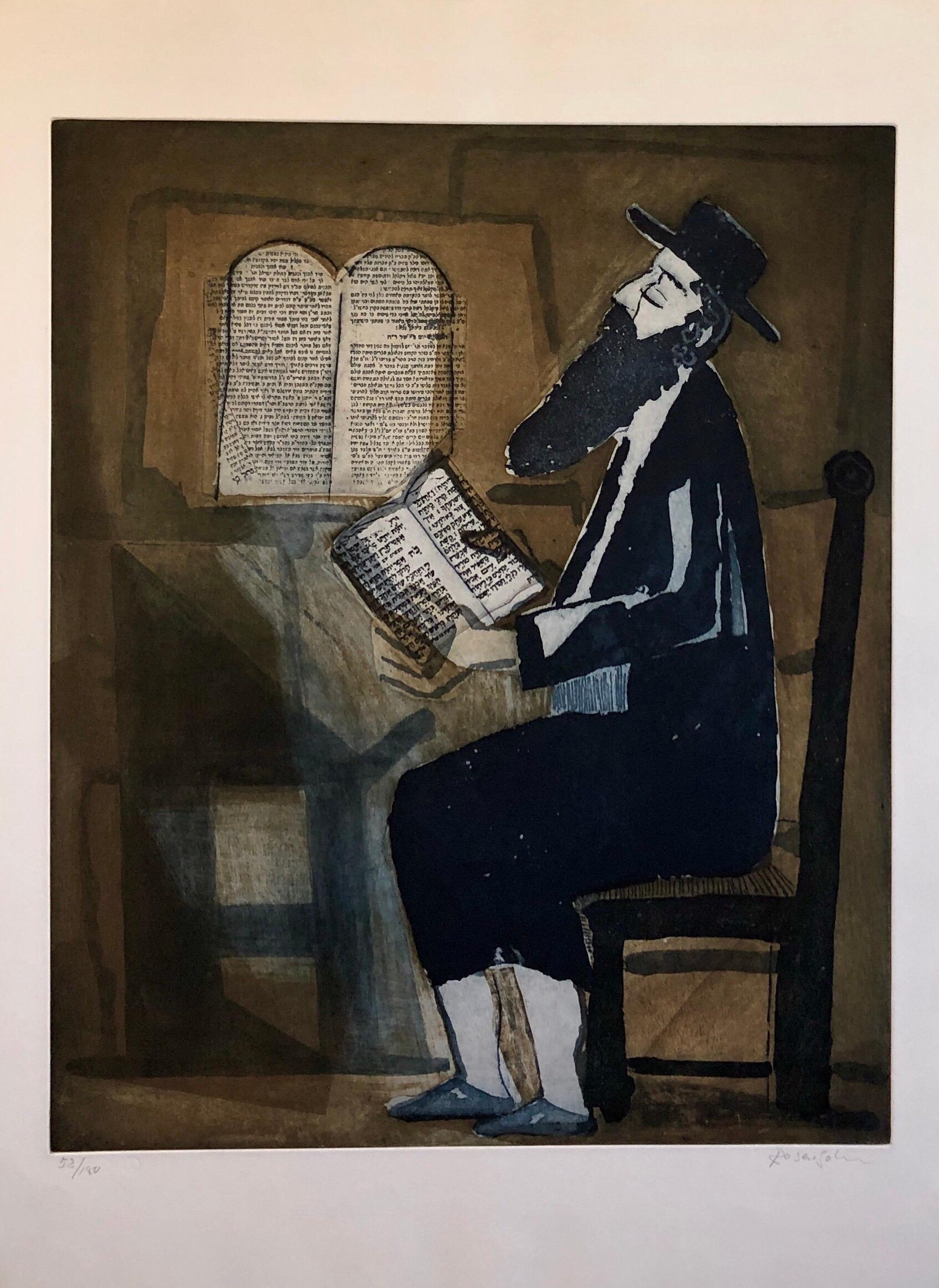 Modernist Judaica Art Aquatint Etching Jewish Rabbi at Prayer Jerusalem Memories - Print by Lennart Rosensohn