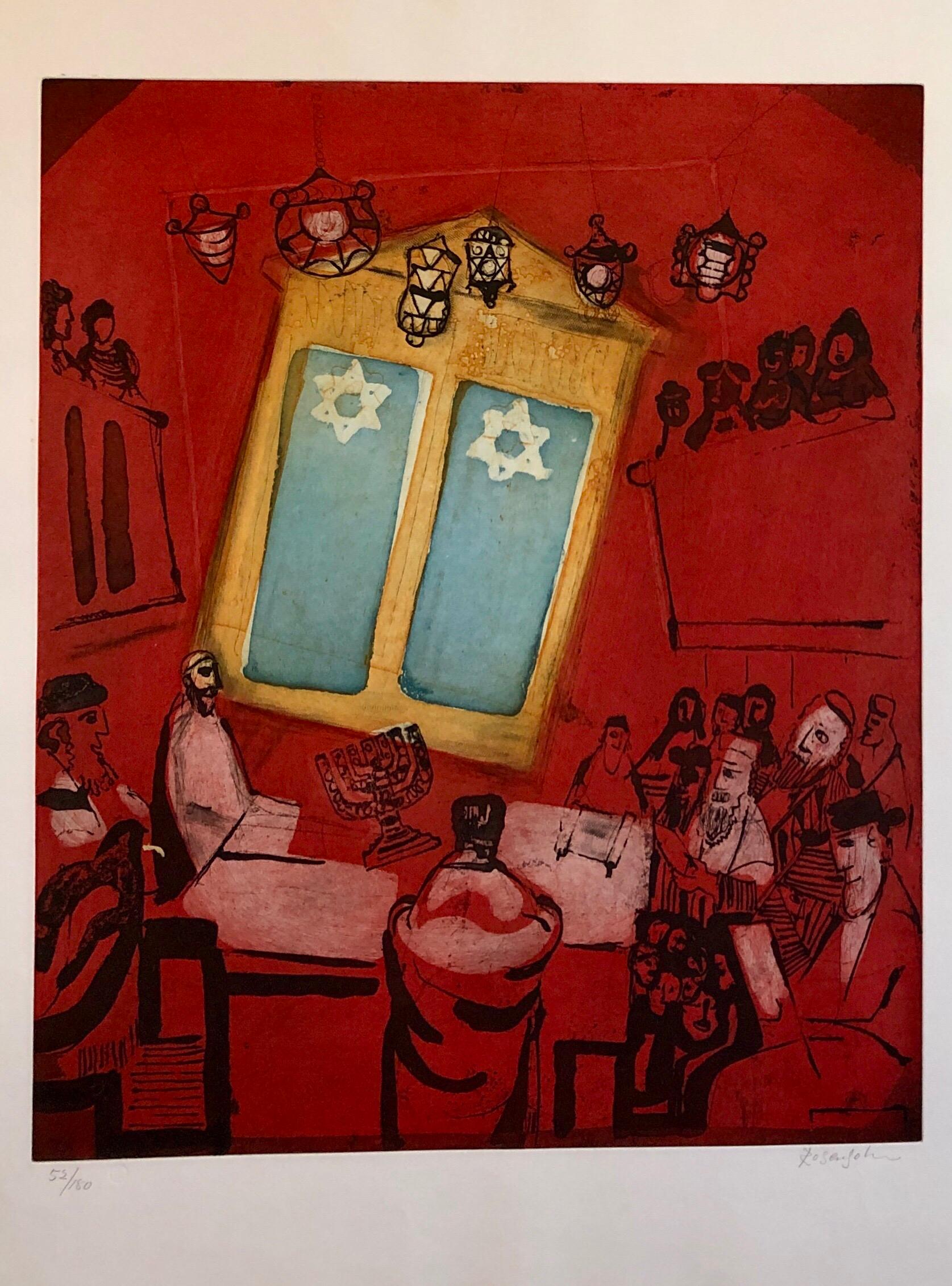 Aquatinte d'art judaïque moderniste gravure d'un lapin juif en prière à Jérusalem Mémoires - Moderne Print par Lennart Rosensohn