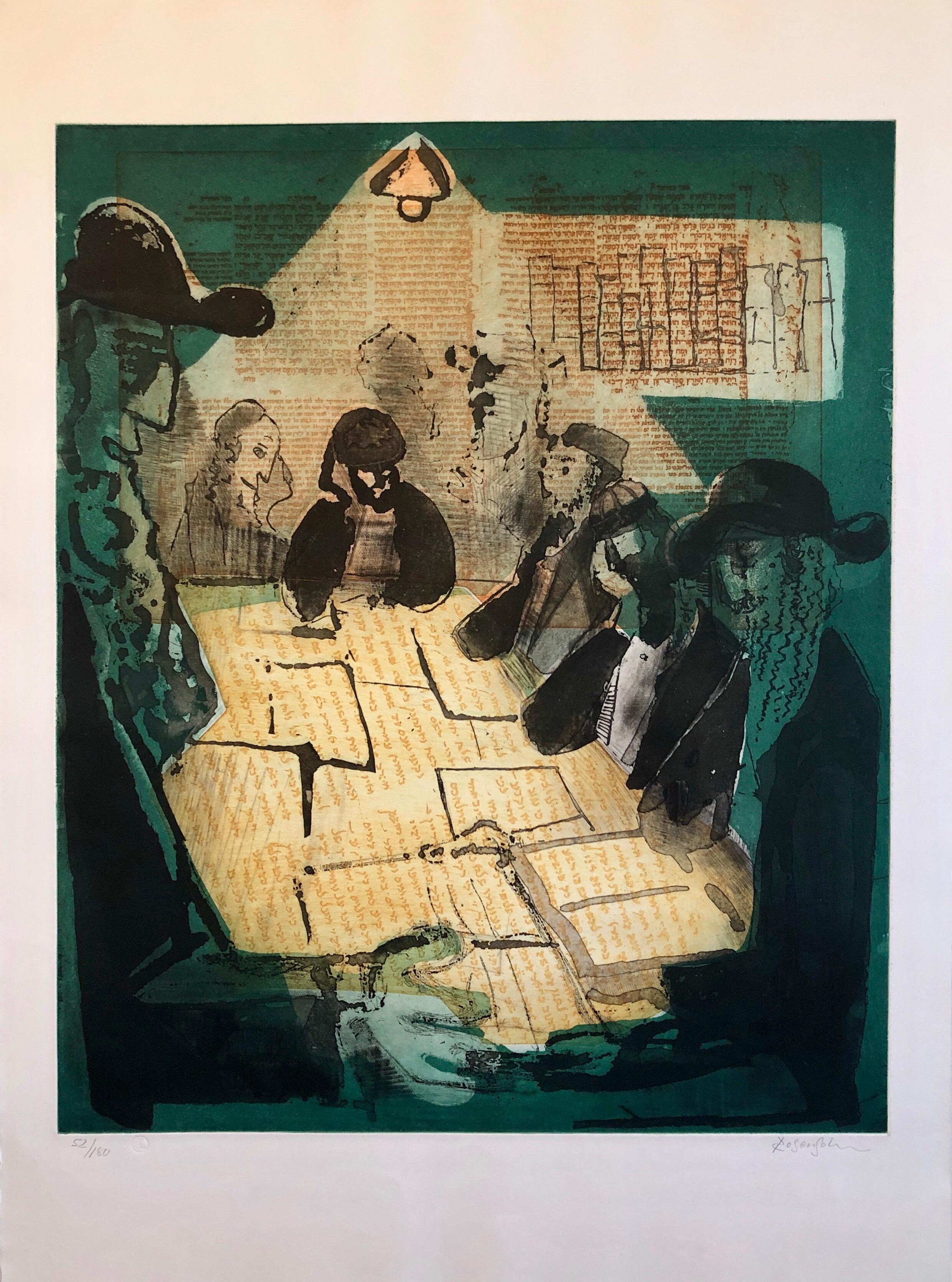 Modernist Judaica Art Aquatint Etching Jewish Rabbi at Prayer Jerusalem Memories - Black Figurative Print by Lennart Rosensohn