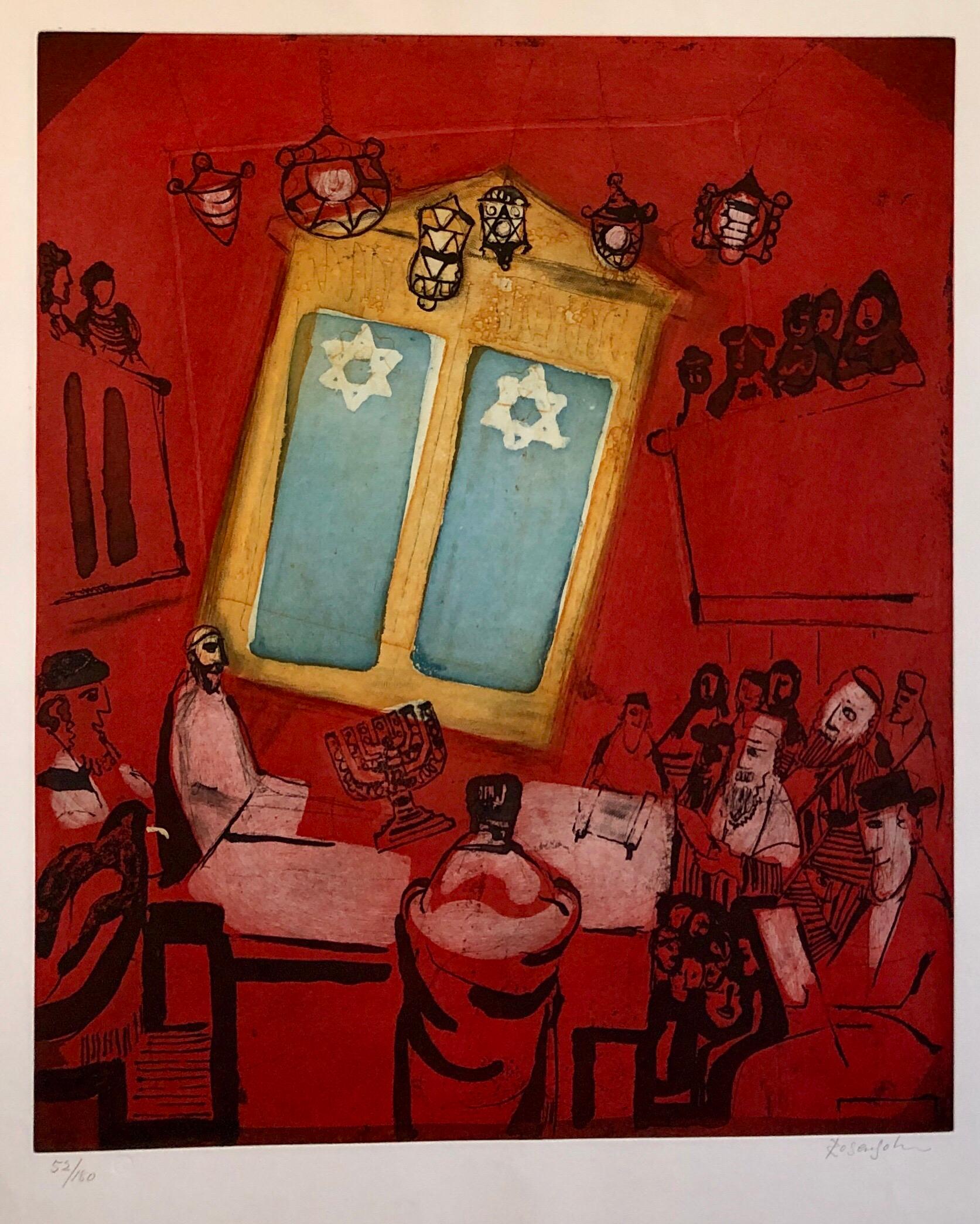 Modernist Judaica Art Aquatint Etching Jewish Rabbi at Prayer Jerusalem Memories - Red Figurative Print by Lennart Rosensohn