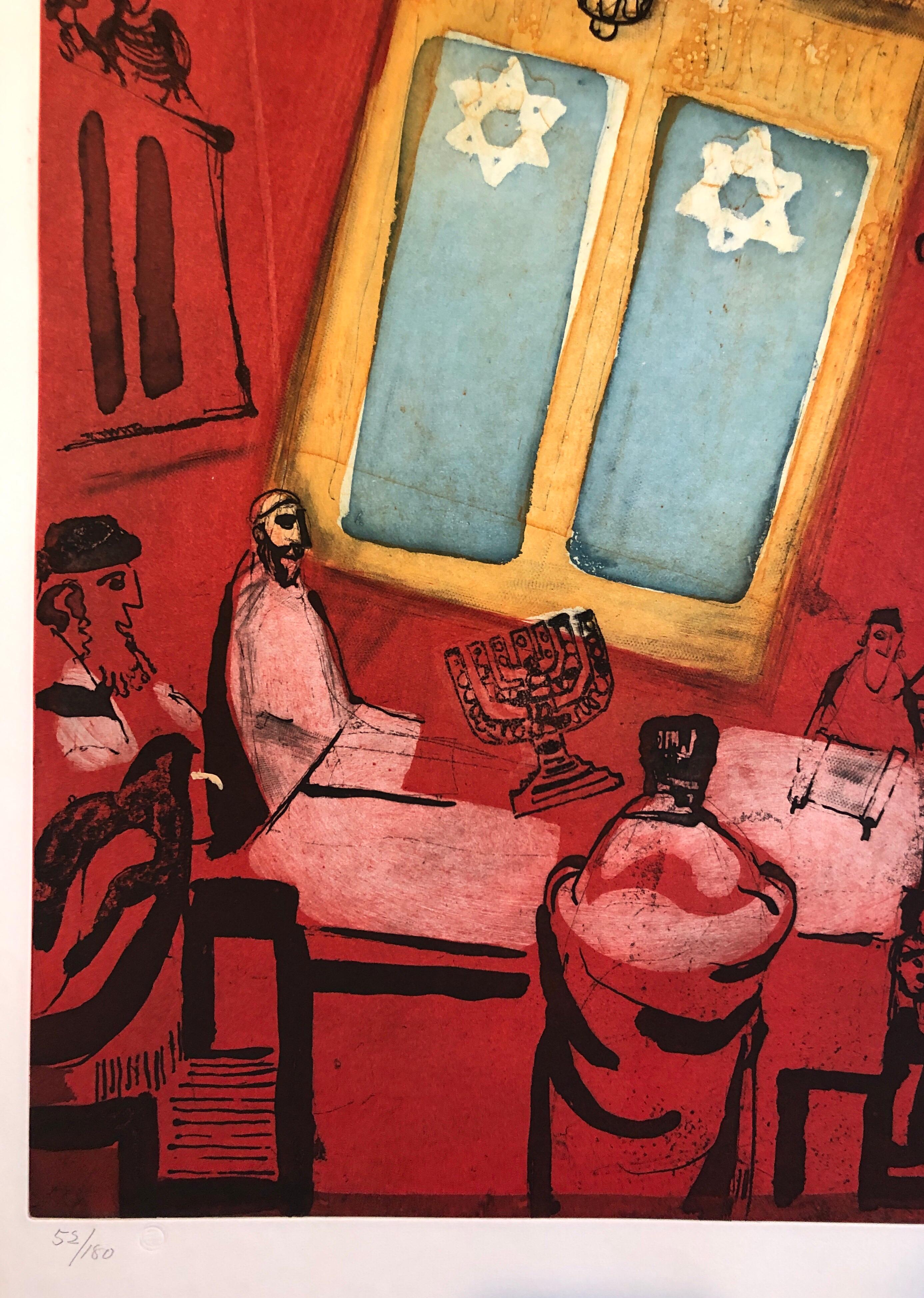 Aquatinte d'art judaïque moderniste gravure d'un lapin juif en prière à Jérusalem Mémoires en vente 2