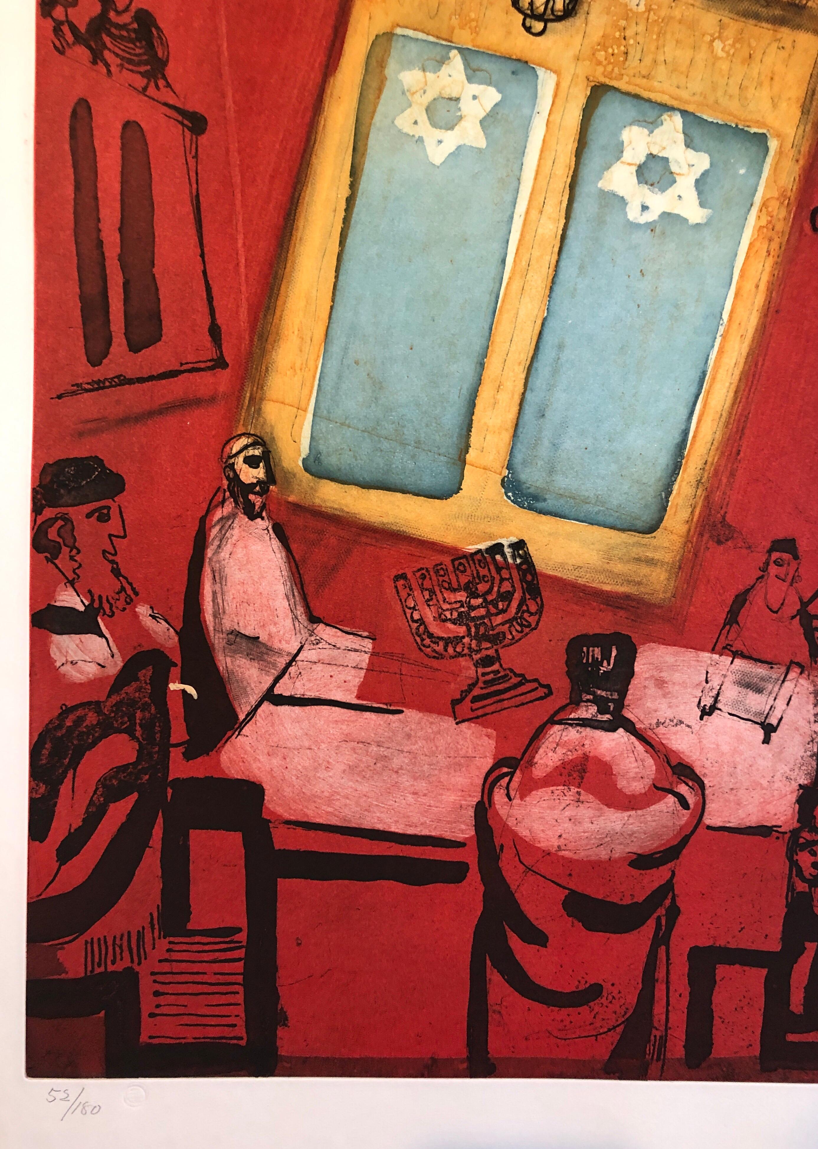 Modernistische Judaica-Kunst Aquatinta-Radierung Jüdischer Rabbiner im Gebet Jerusalem Memories im Angebot 1