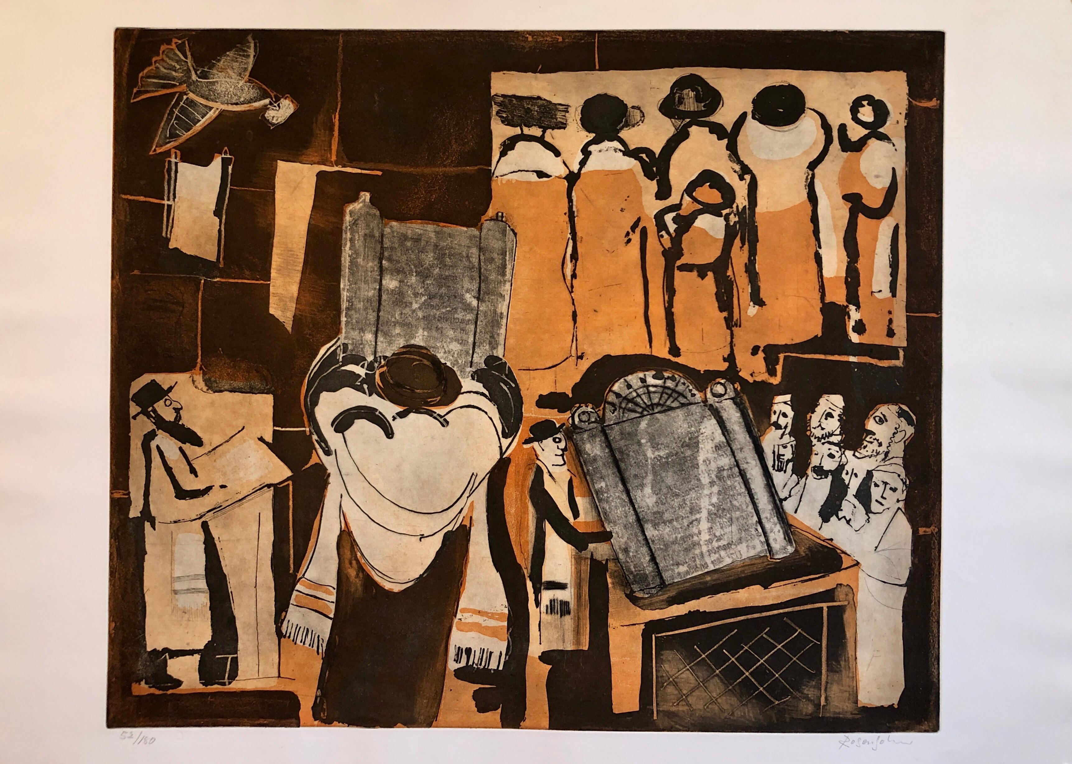 Swedish Jewish modern art. On Hahnemuhle paper, hand signed and numbered. poster is not included.
These depict synagogue interiors, Rabbis at prayer etc. Judaic religious events. This one depicts a Kosher meat butcher.
Mauritz Lennart Rosensohn ,