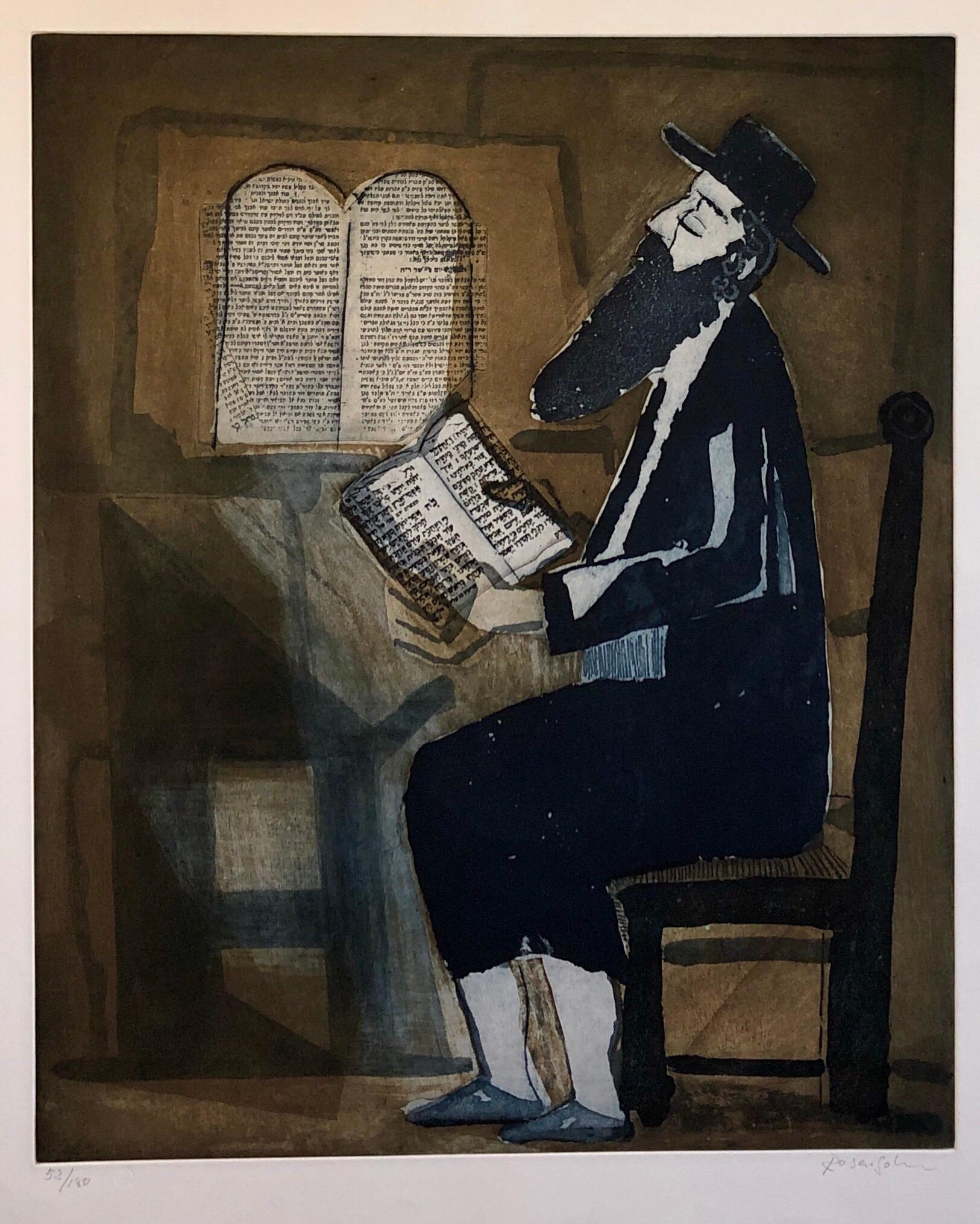 Lennart Rosensohn Figurative Print - Modernist Judaica Art Aquatint Etching Jewish Rabbi at Prayer Jerusalem Memories