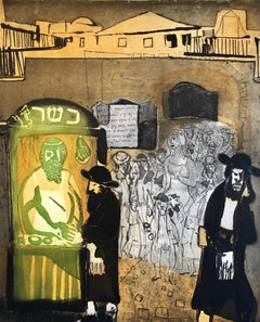 Modernistische Judaica-Kunst Aquatinta-Radierung Jüdischer Rabbiner im Gebet Jerusalem Memories