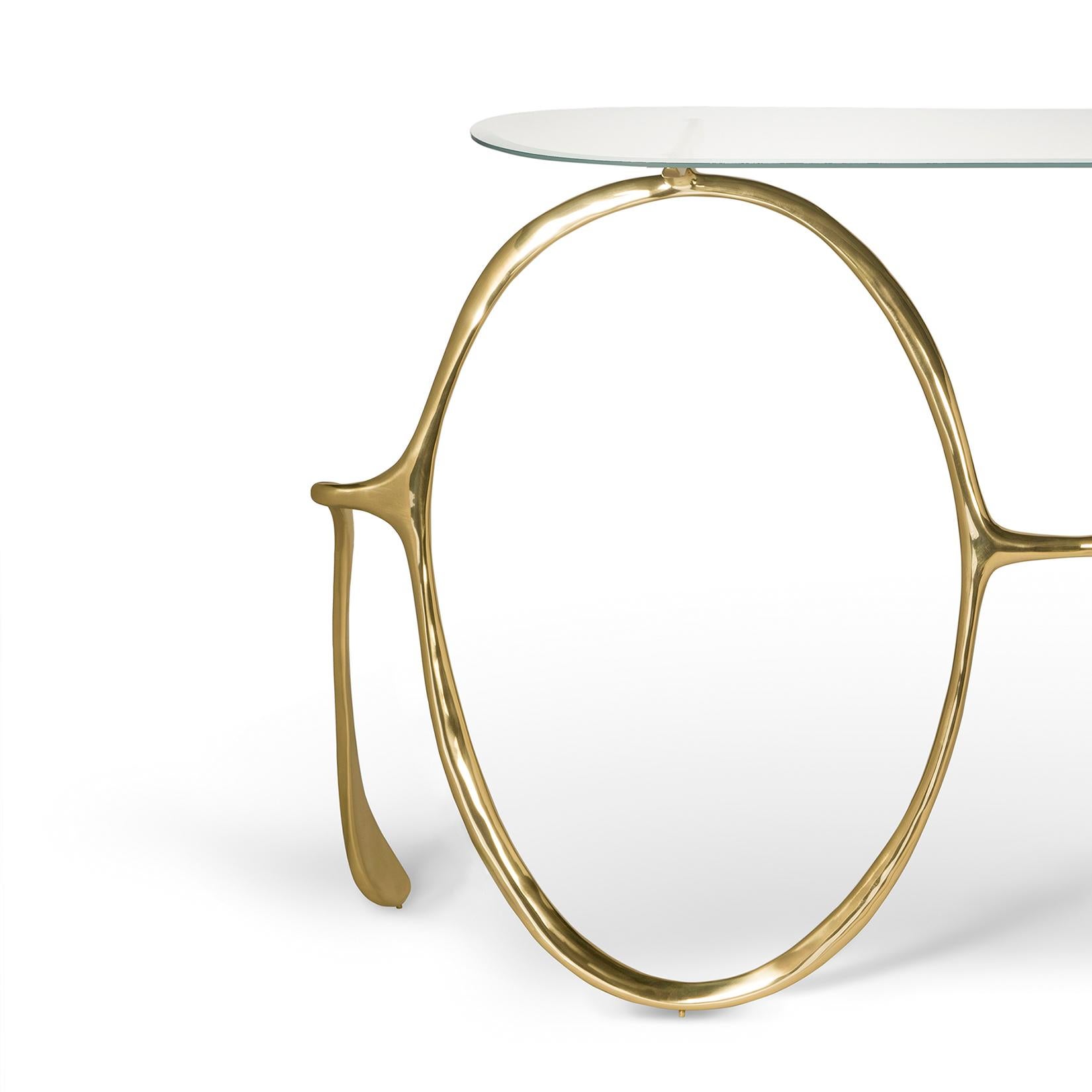 Modern Lennon Gold Console Table, Polished Brass and Glass Top, Art Console For Sale 1