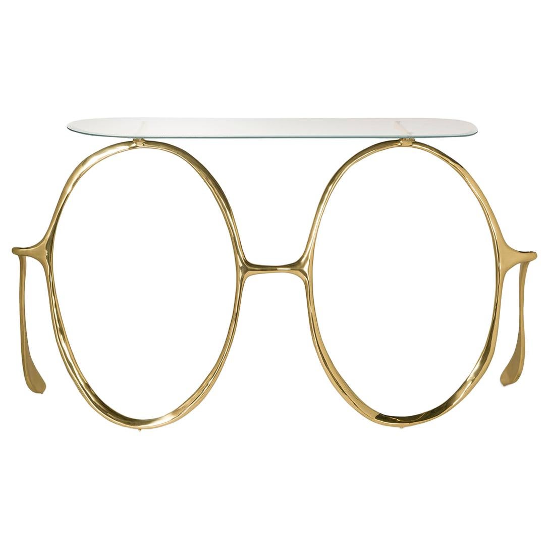 Modern Lennon Gold Console Table, Polished Brass and Glass Top, Art Console For Sale