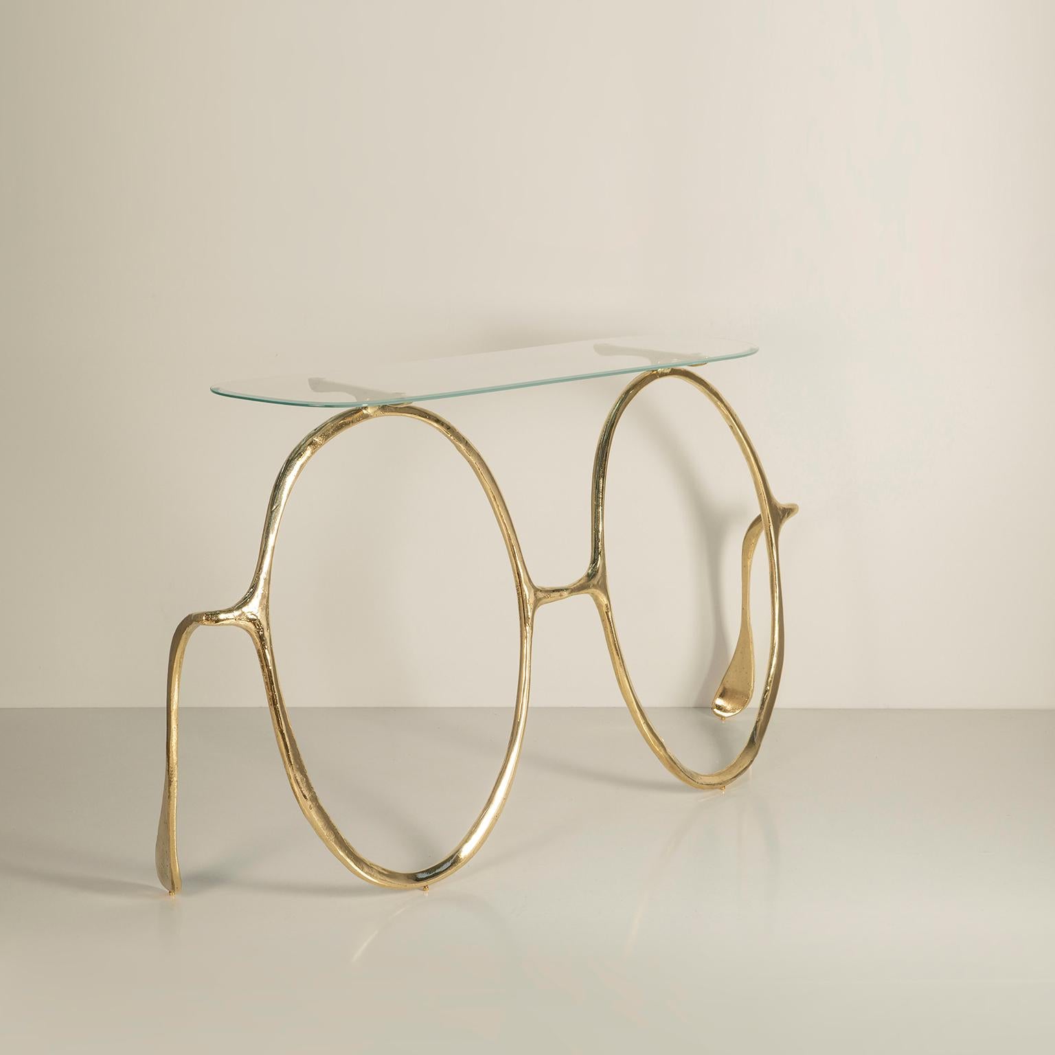 Modern Lennon Console Table with Textured Brass and Glass Top, Art Console For Sale