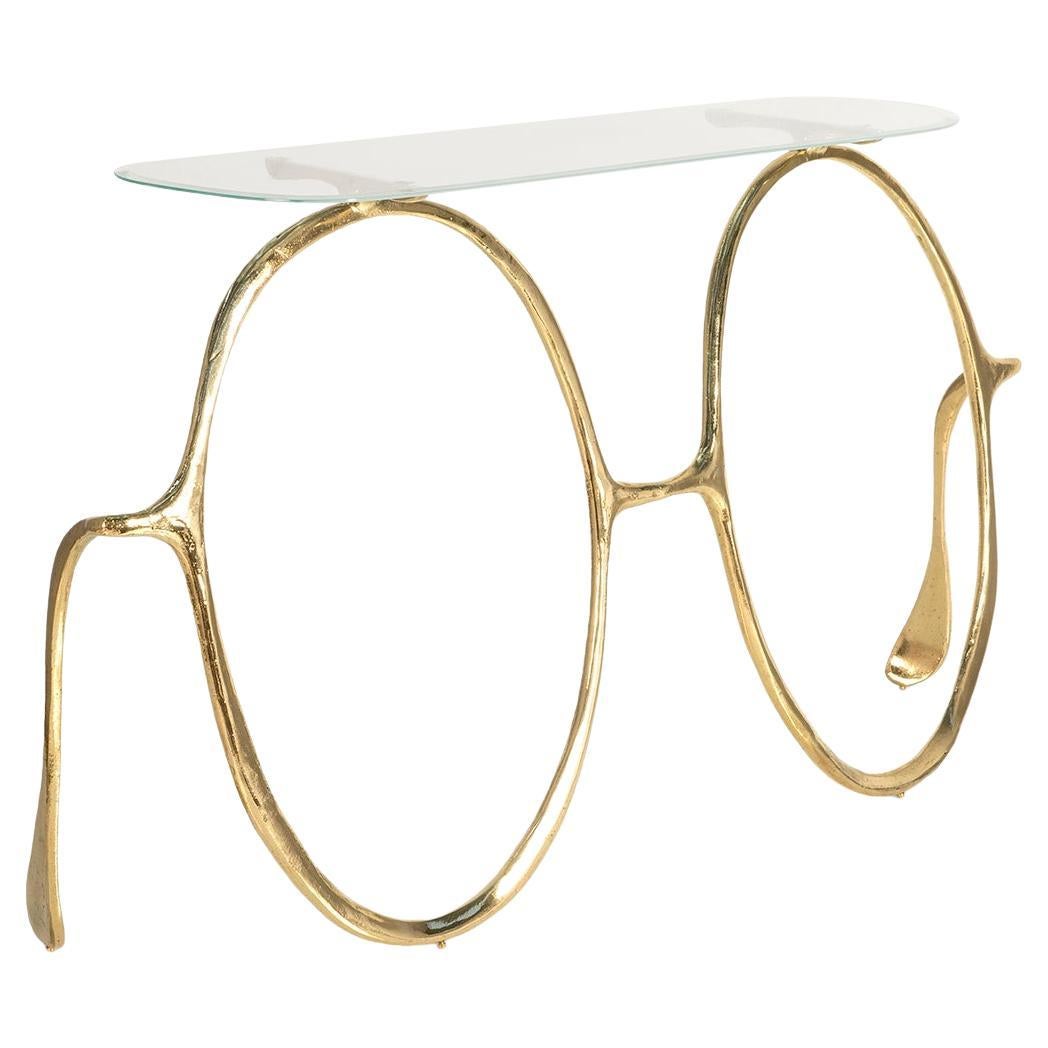 Lennon Console Table with Textured Brass and Glass Top, Art Console For Sale