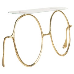 Lennon Console Table with Textured Brass and Glass Top, Art Console