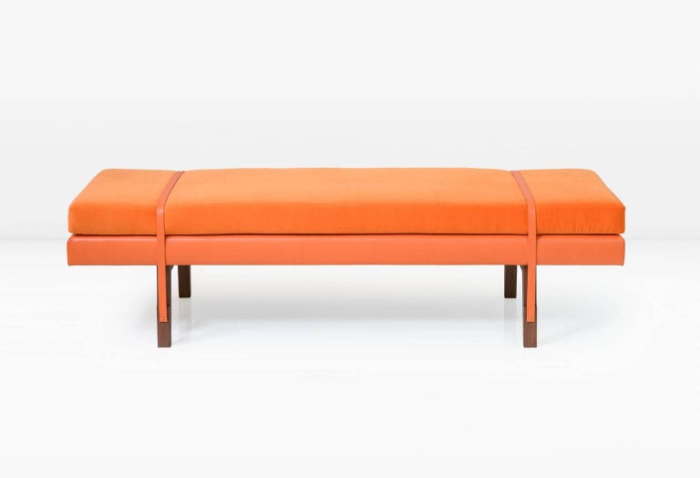 Lennox Bench with Walnut Legs, Orange Velvet and Leather ...