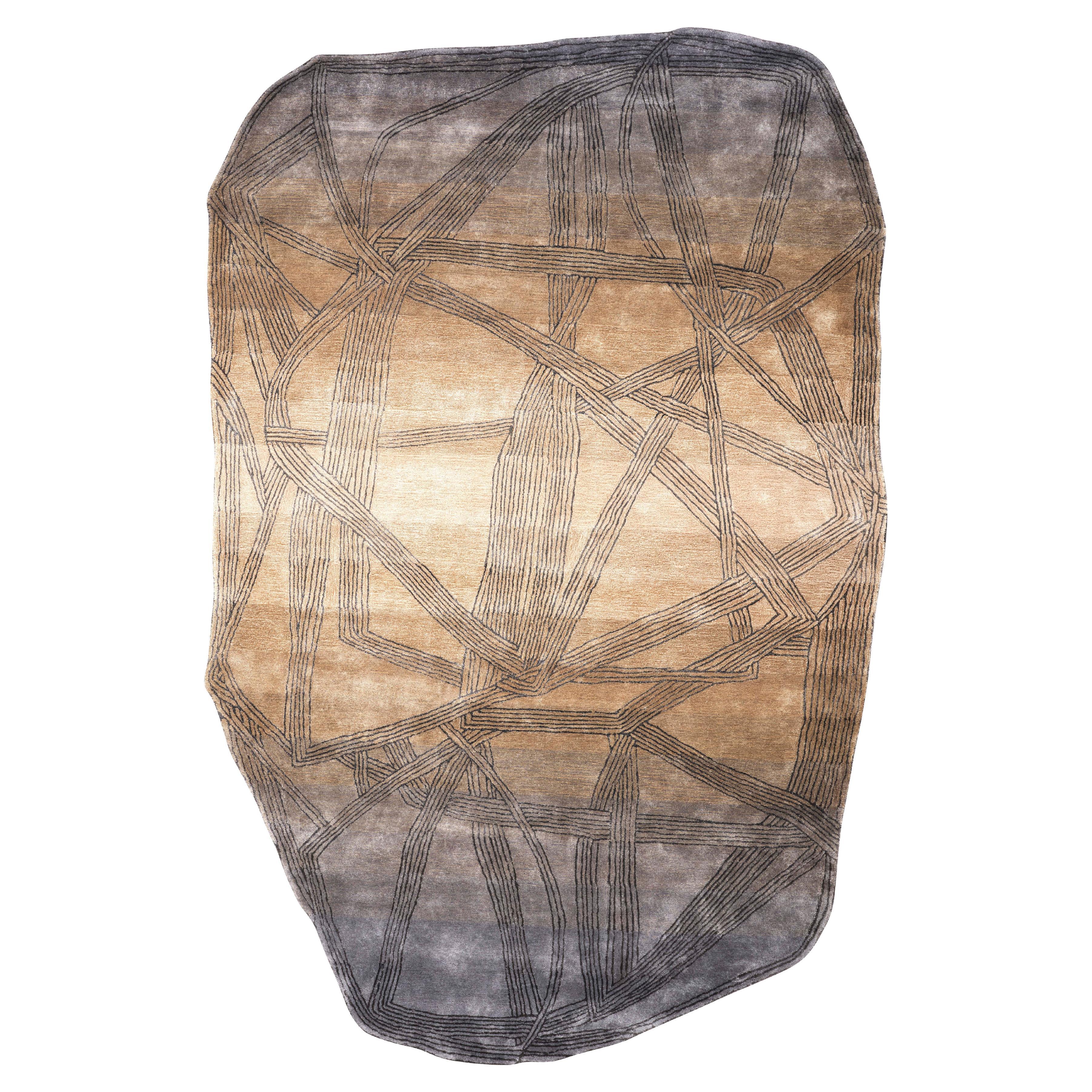 Tapis LENNOX en soie de forme moderne, touffeté à la main, couleur frêne et or, fait main