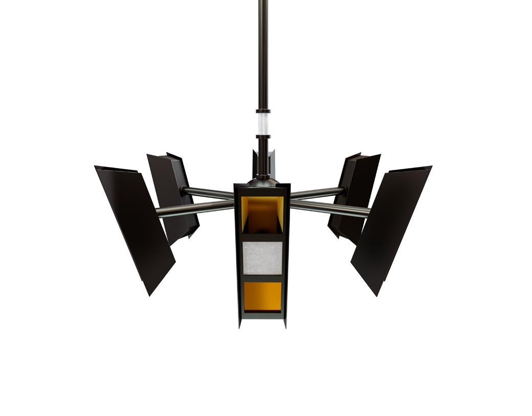 Cantilevered radial arms each present a triptych oculus with panes of sunset-bronze glass, translucent alabaster, and an open aperture lined with brass. This single tier extends from a central orb hung from a clean round canopy along a column of
