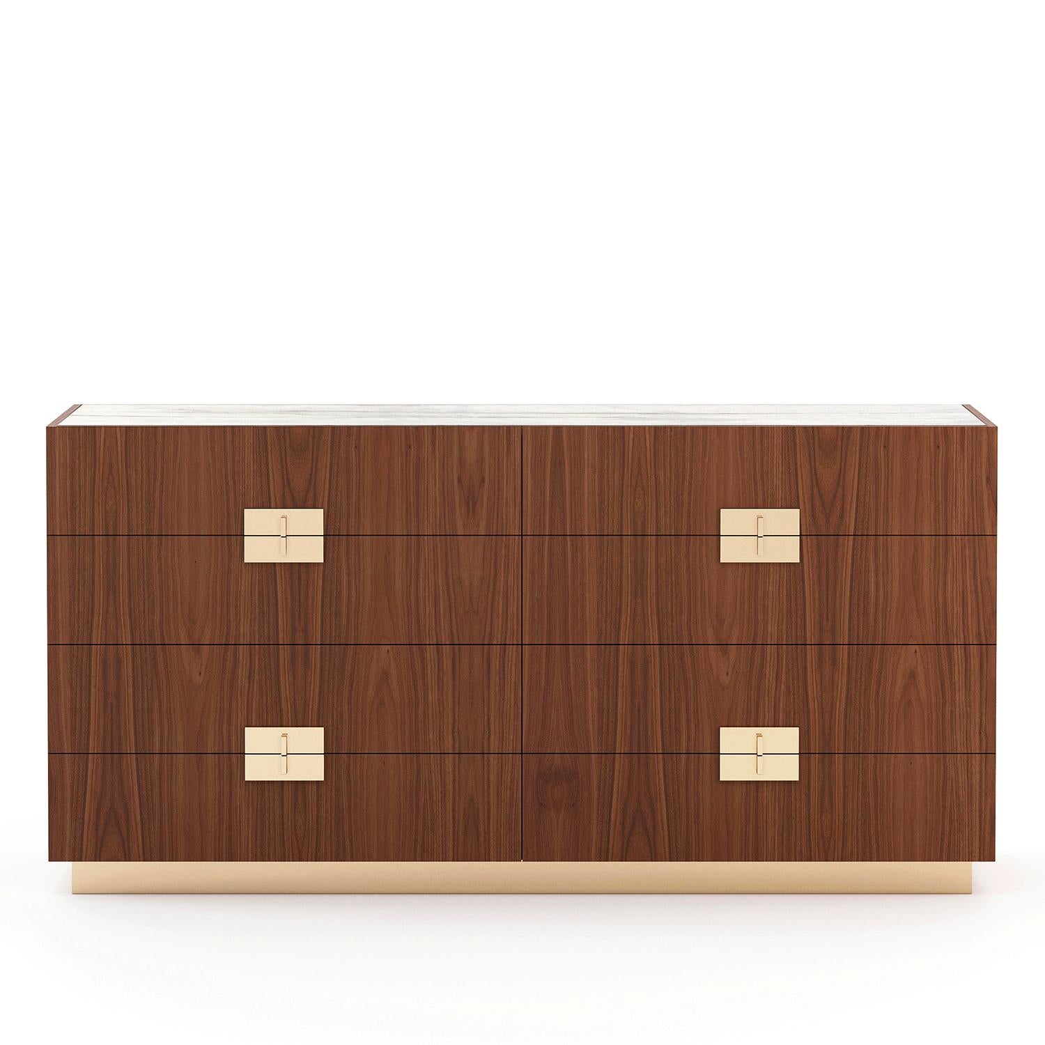 Chest of Drawers Lenny with structure in veneered walnut wood,
with white marble top. Chest with 8 drawers, with easy glide system. 
Base and handles in polished stainless steel in gold finish.
Also available with other wood and metal