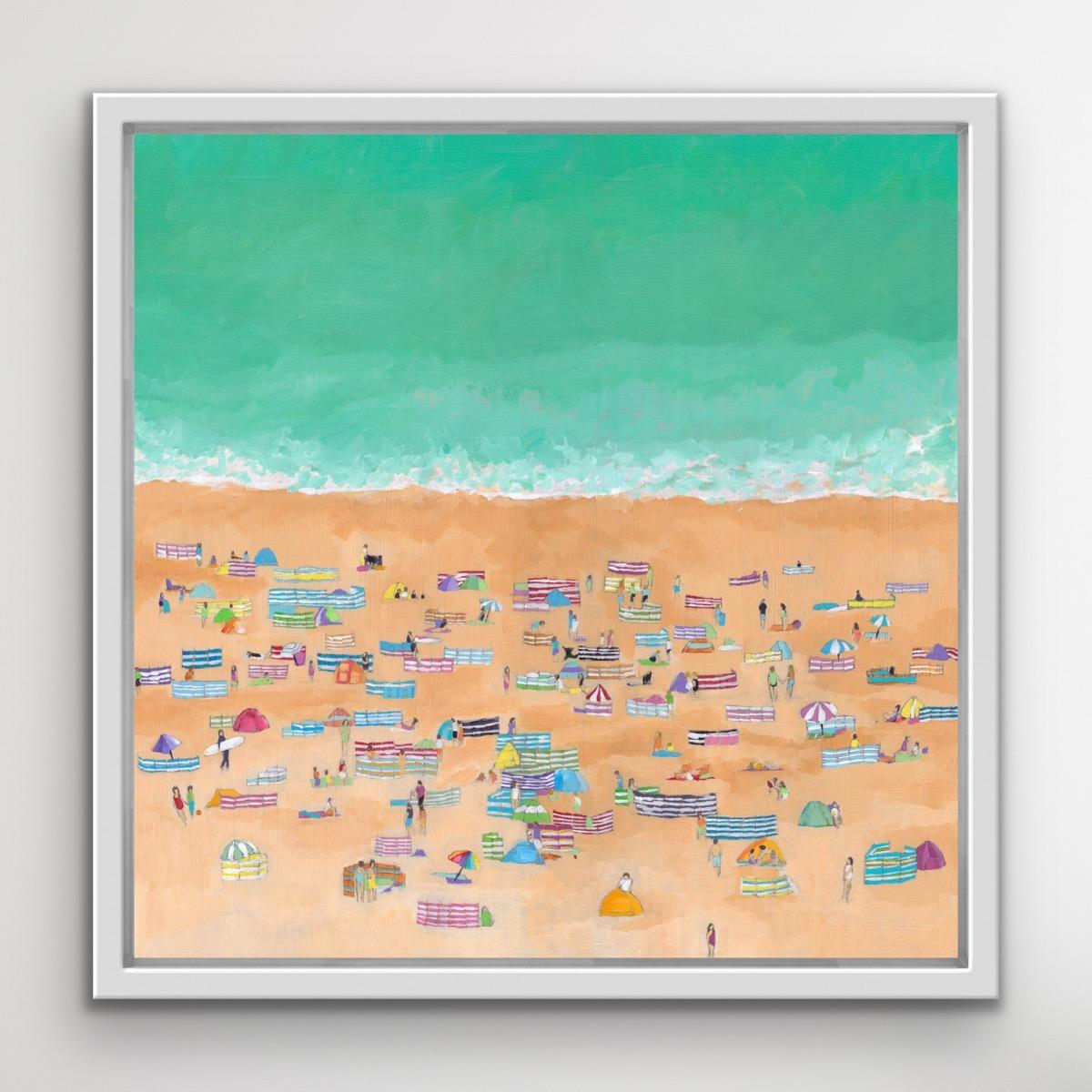 This piece was inspired by outings to the artist's local beach in August, when the sand is filled with people enjoying the Cornish sunshine! The turquoise ocean reflects the calm of rippling waves against the joyful colours of the windbreaks.
Lenny