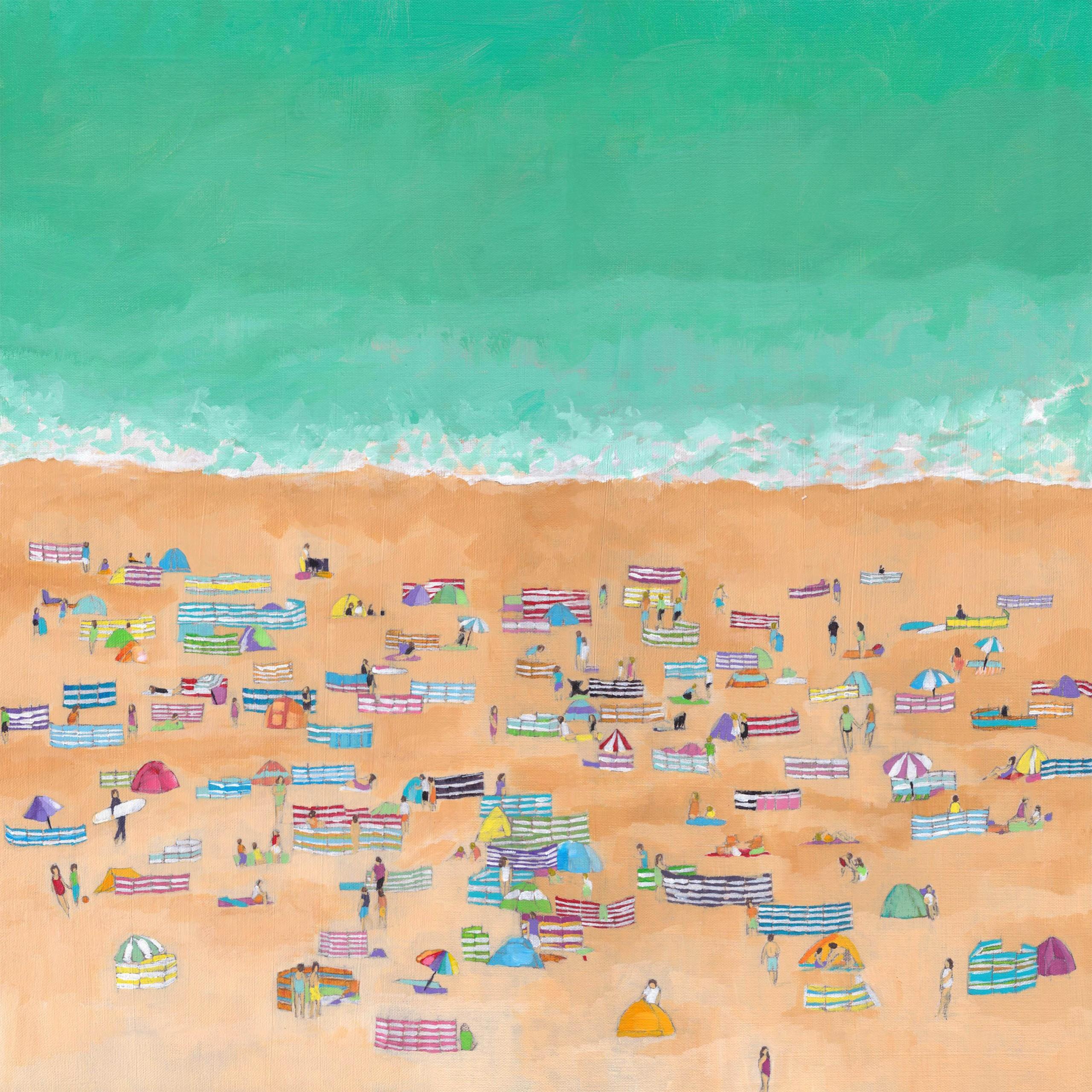 Lenny Cornforth  Landscape Painting - Windbreak Beach, Beach Art, Seascape Painting, Coastal Figurative Artwork