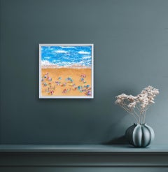 Blue Waves, Bright Umbrellas, beach art, original art, affordable art