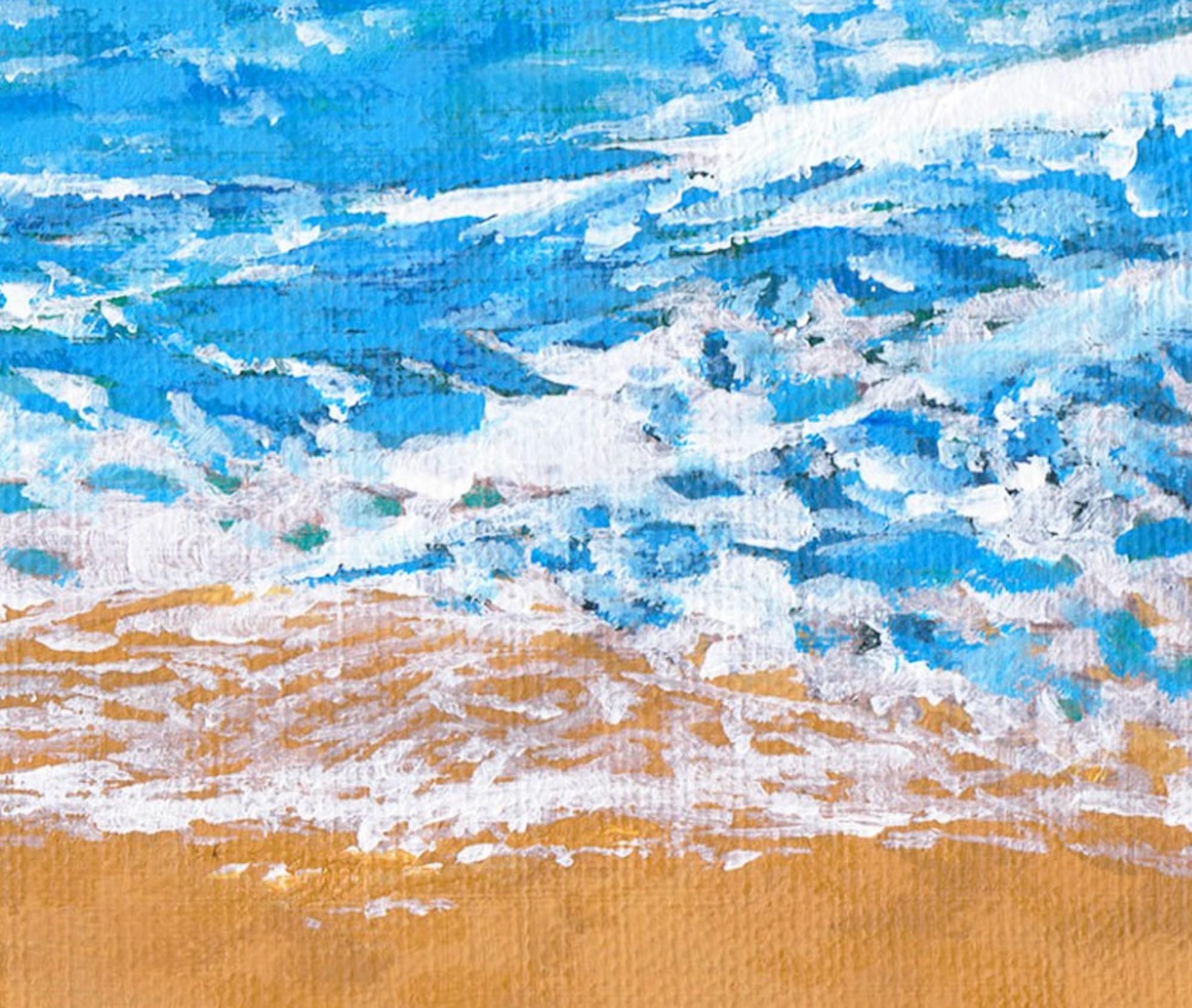 Blue Waves, Bright Umbrellas, beach art, original art, affordable art For Sale 1