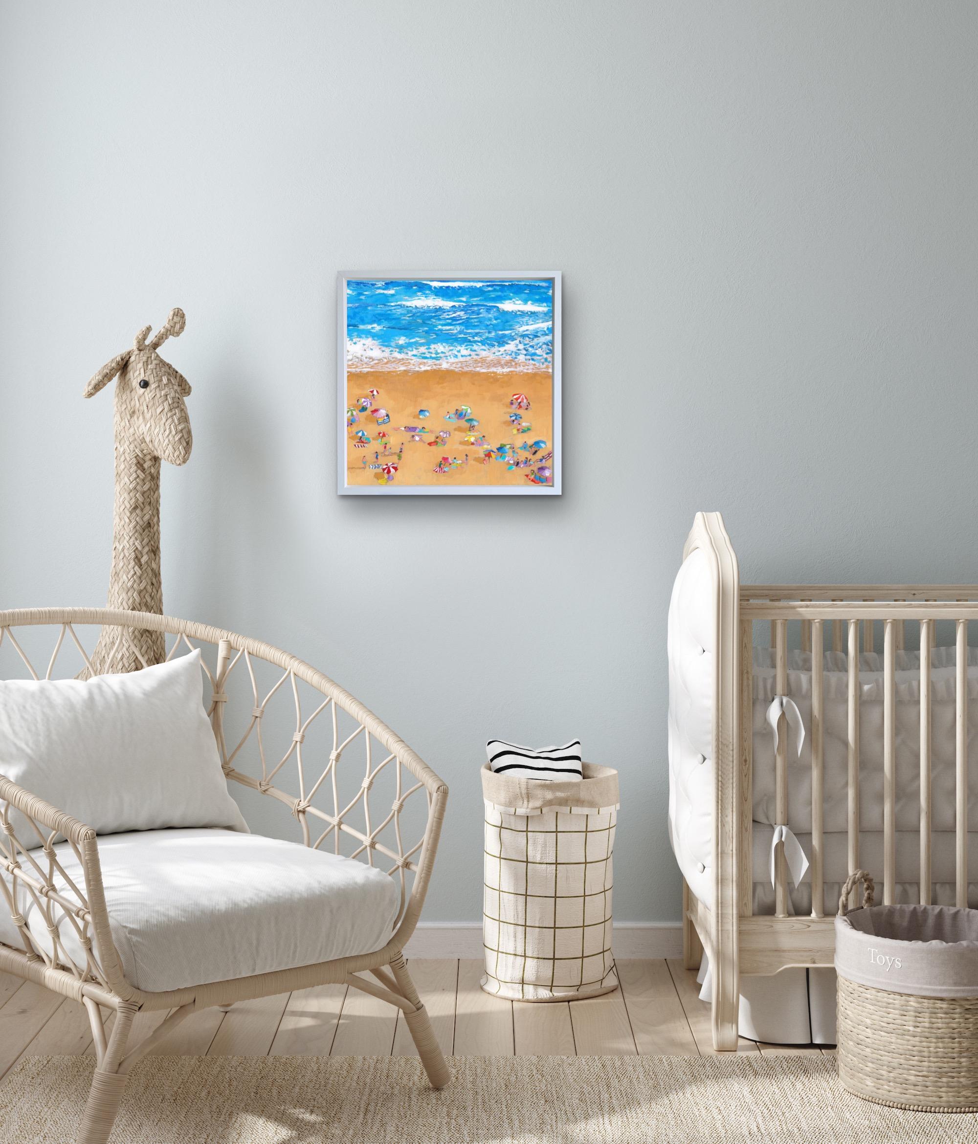 Blue Waves, Bright Umbrellas, beach art, original art, affordable art For Sale 3