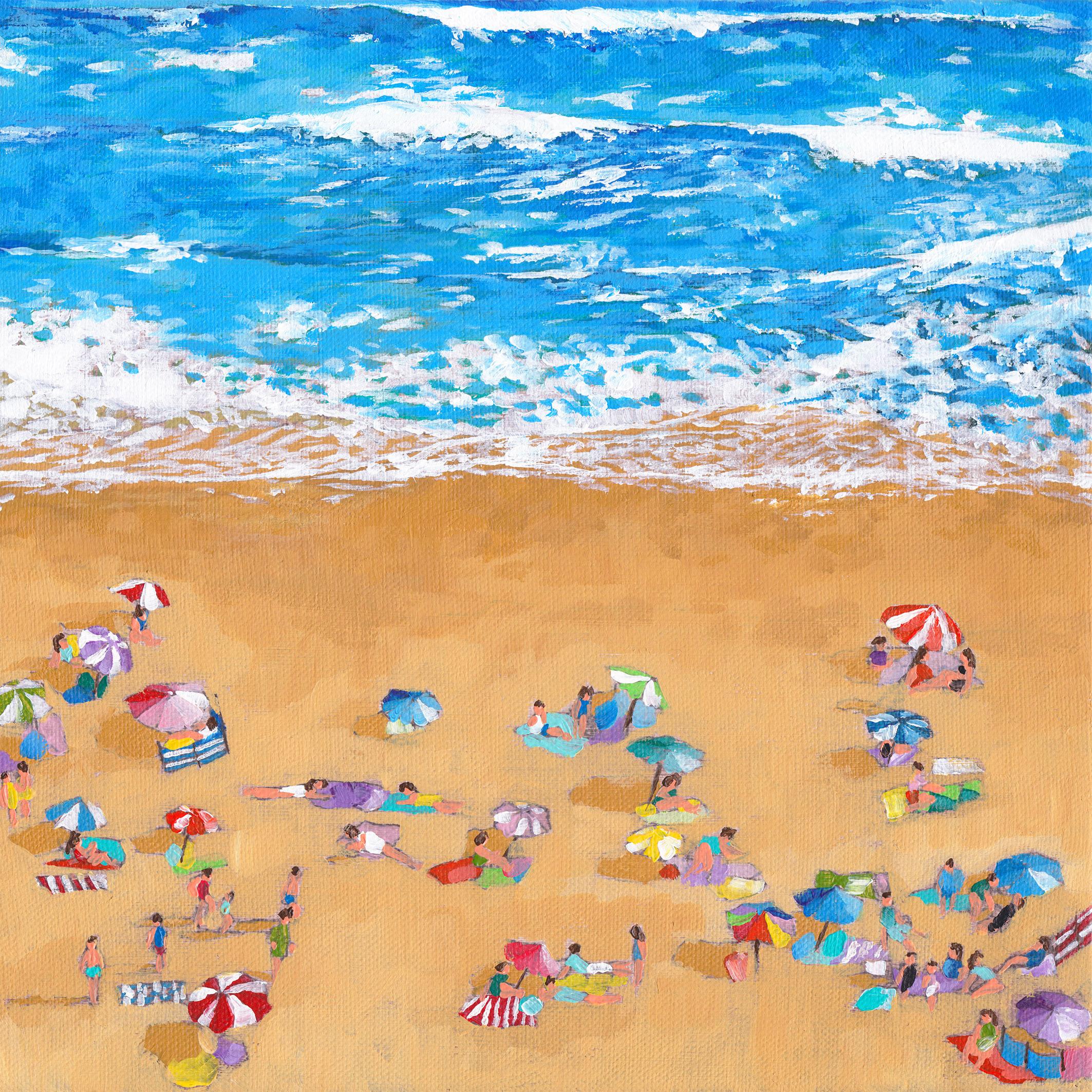 Lenny Cornforth Landscape Painting - Blue Waves, Bright Umbrellas, beach art, original art, affordable art