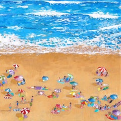 Blue Waves, Bright Umbrellas, beach art, original art, affordable art