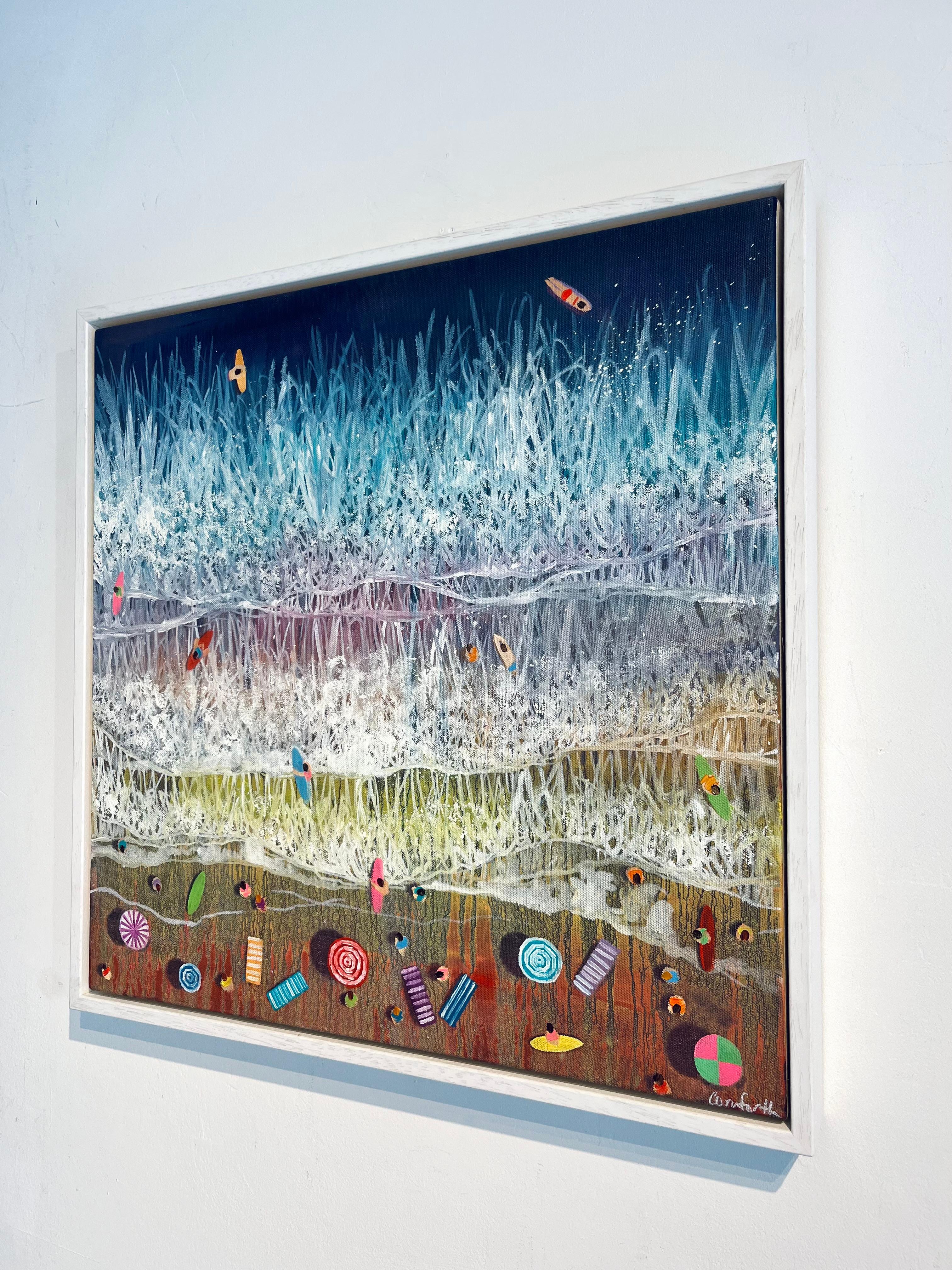 Dark Blue Waves-original impressionism seascape beach paintings-contemporary Art - Realist Painting by Lenny Cornforth