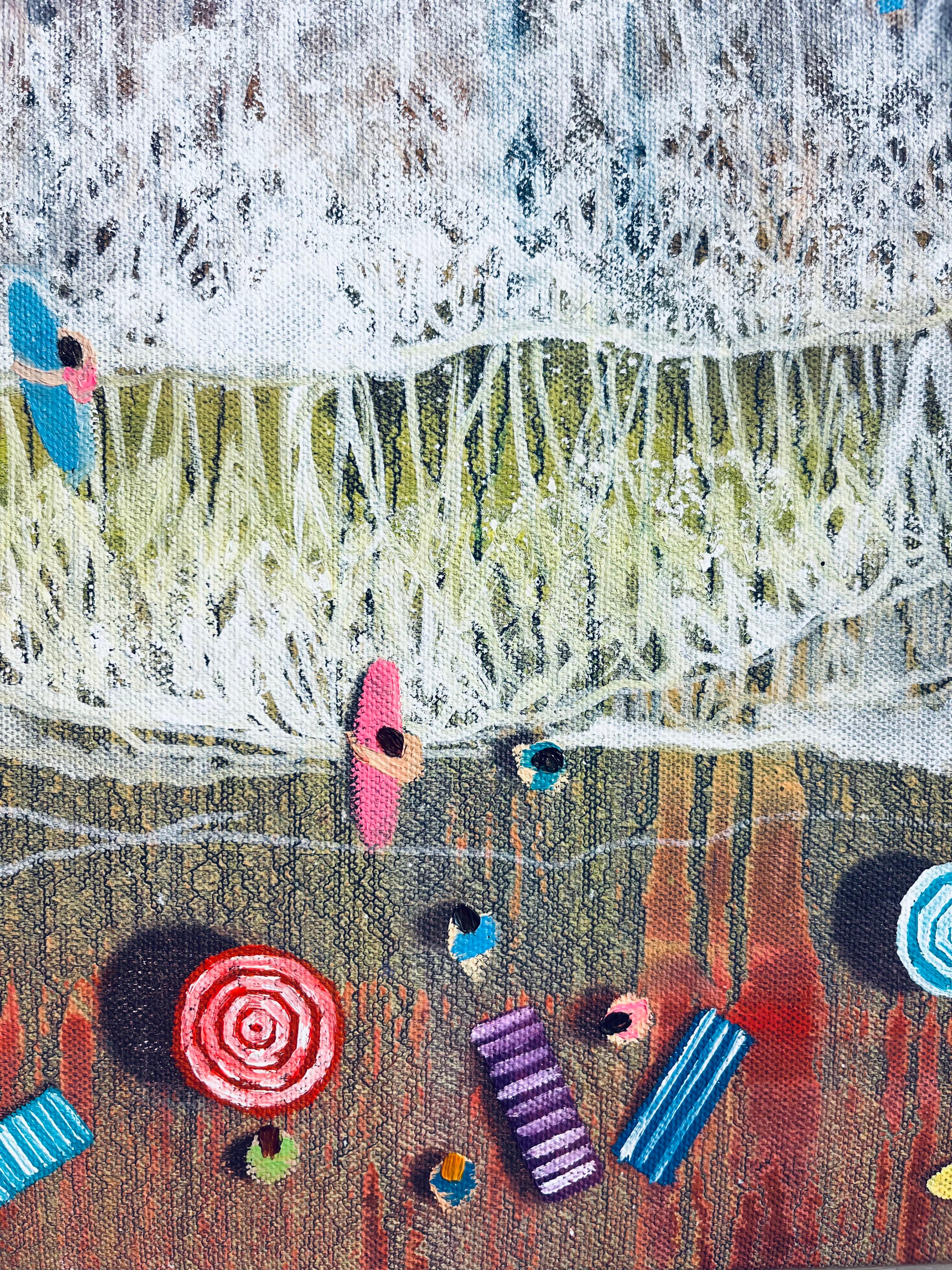 Onde blu scuro - dipinti originali dell'impressionismo sulla spiaggia - Arte contemporanea - Landscape Painting Grigio di Lenny Cornforth