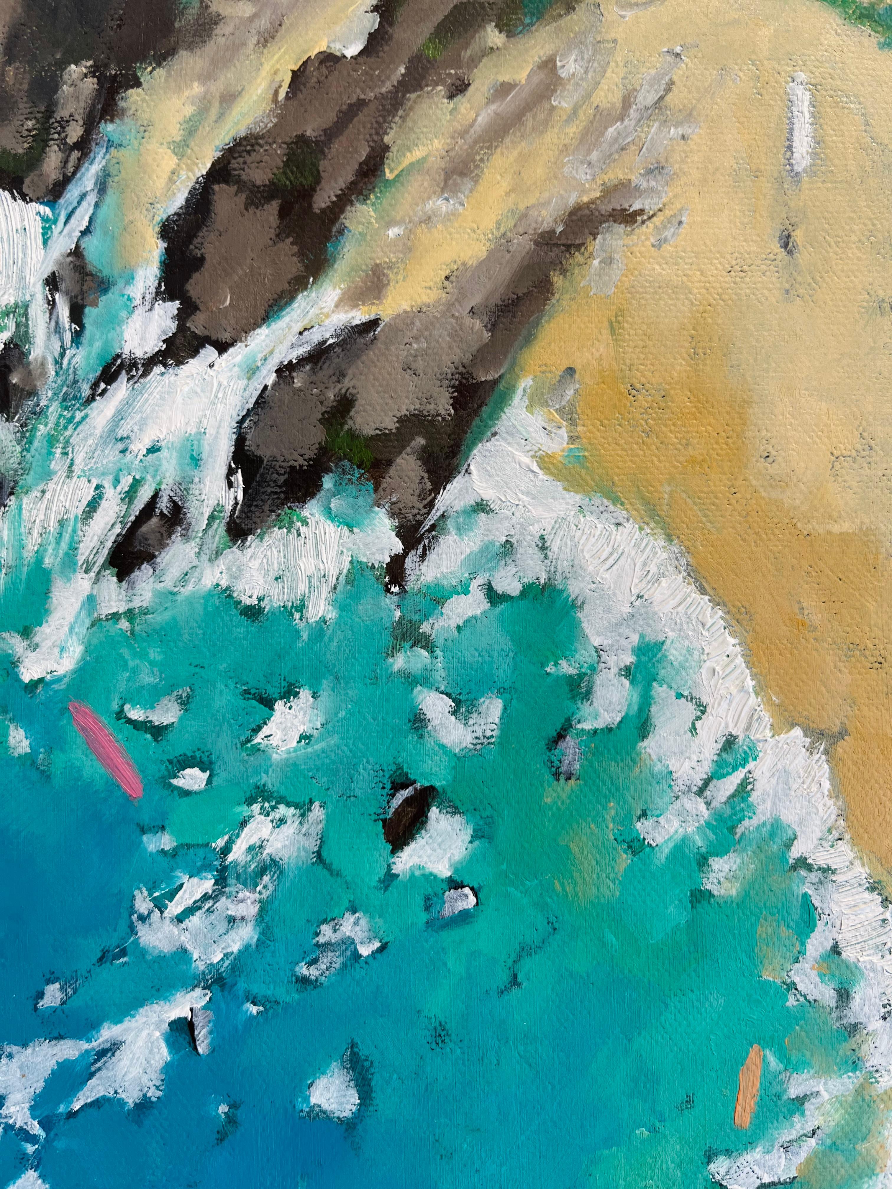 Daymer Bay-Pintura de paisajes marinos costeros del impresionismo original-Arte moderno - Landscape Painting Azul de Lenny Cornforth