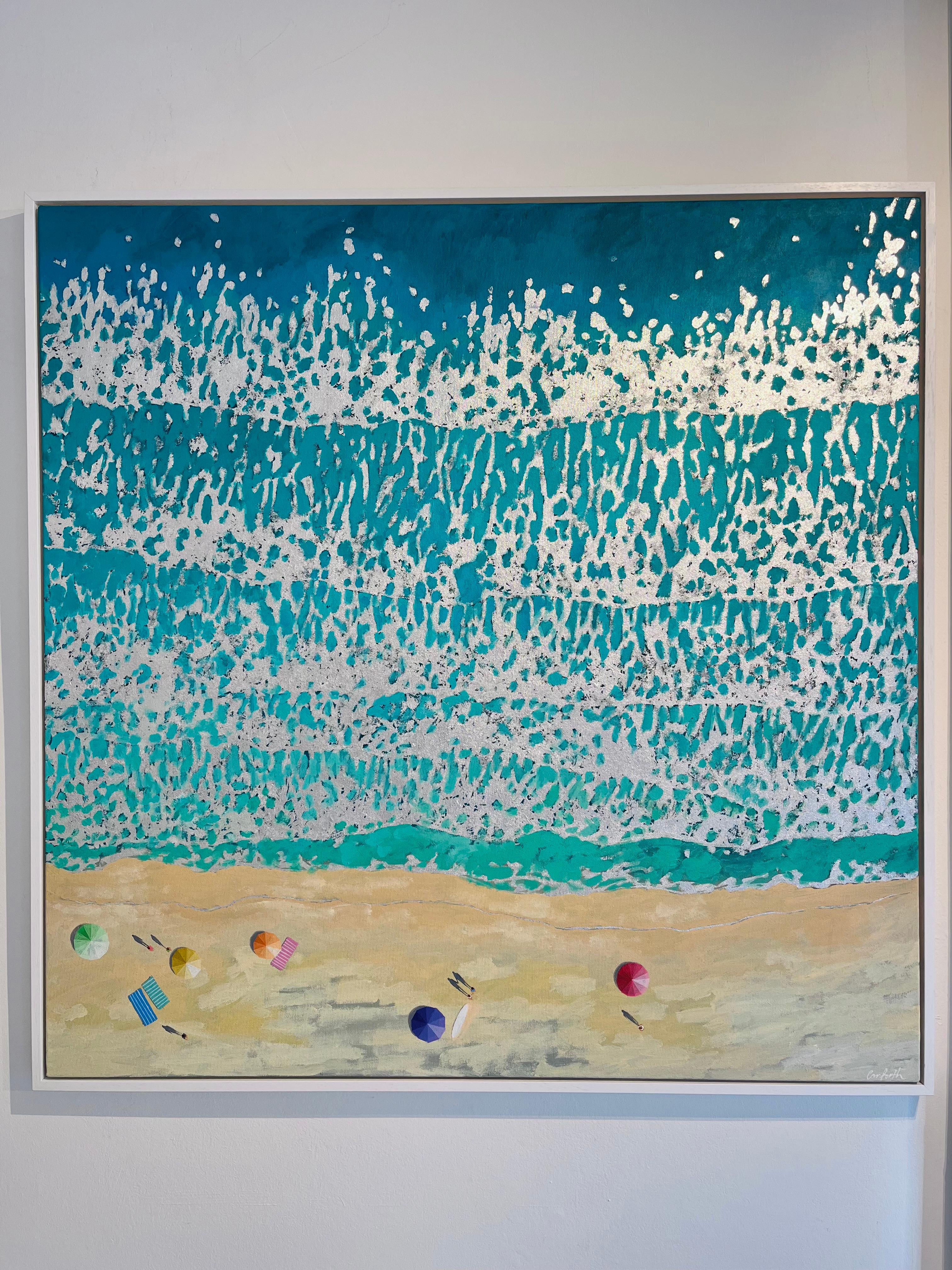 Pastel Umbrellas-original impressionism seascape oil painting-contemporary Art For Sale 1