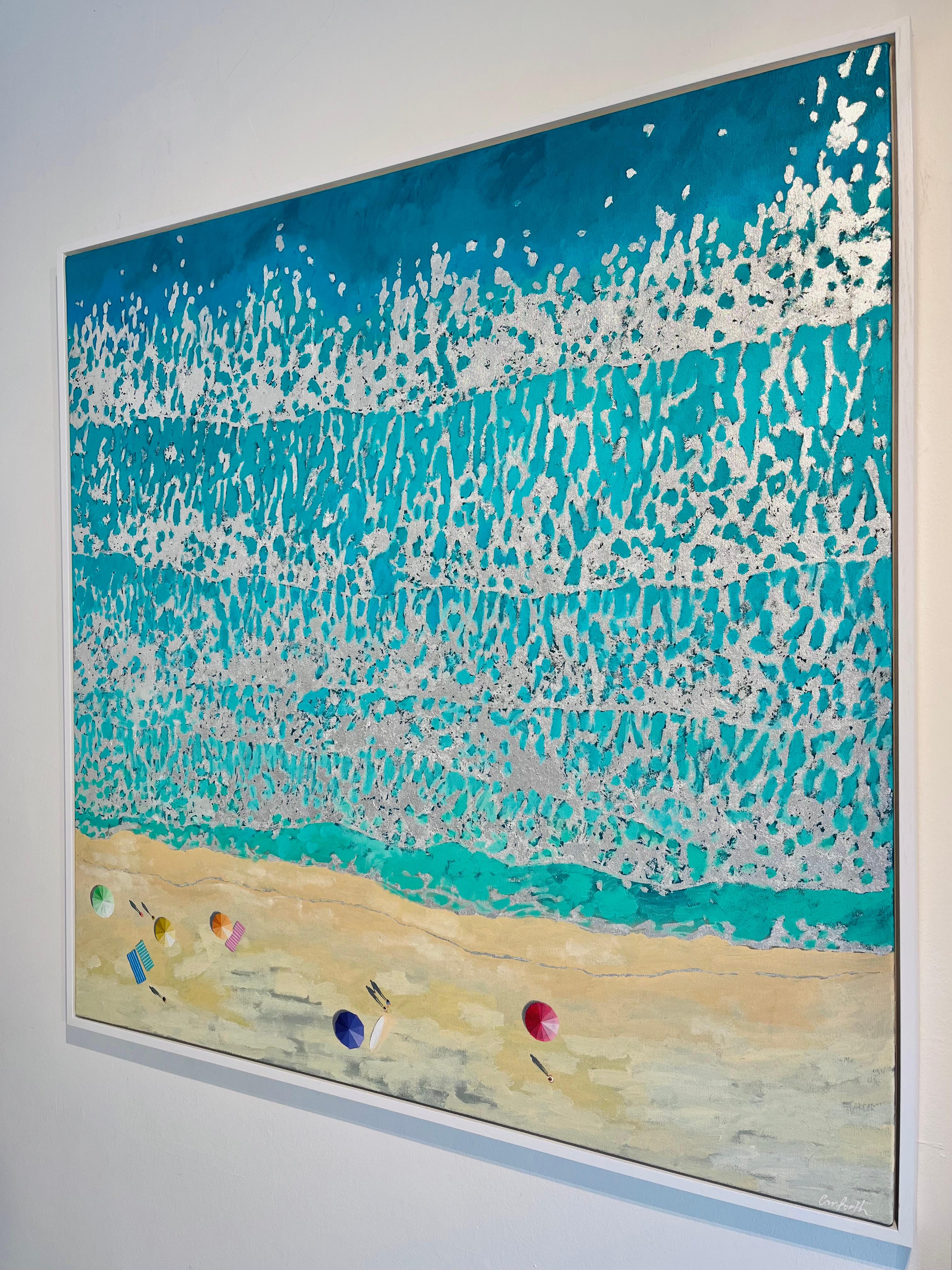 Pastel Umbrellas-original impressionism seascape oil painting-contemporary Art For Sale 2