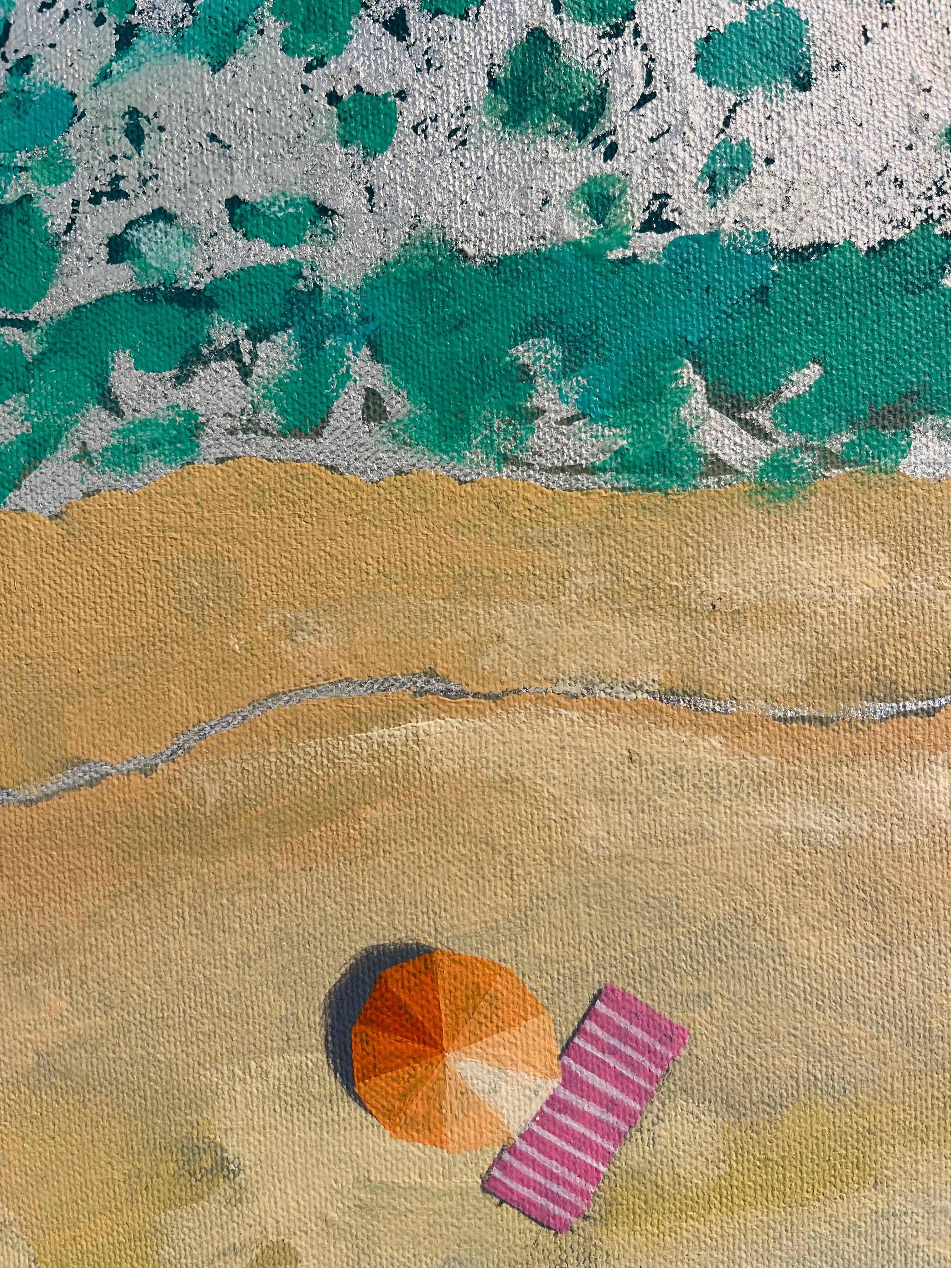 Ombrelli a pastello - pittura ad olio originale impressionista con paesaggio marino - arte contemporanea in vendita 1