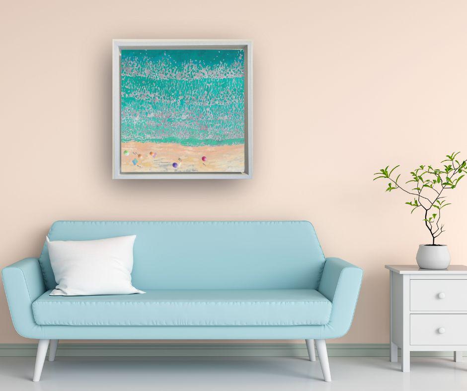 Ombrelli a pastello - pittura ad olio originale impressionista con paesaggio marino - arte contemporanea in vendita 2