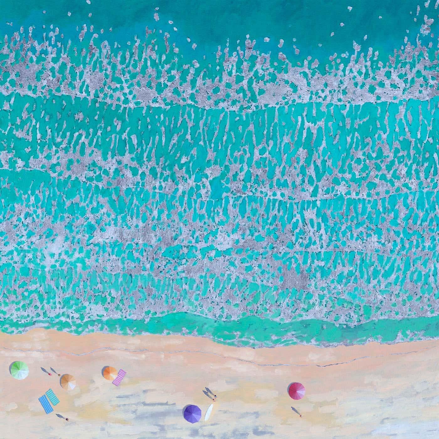 Pastel Umbrellas-original impressionism seascape oil painting-contemporary Art