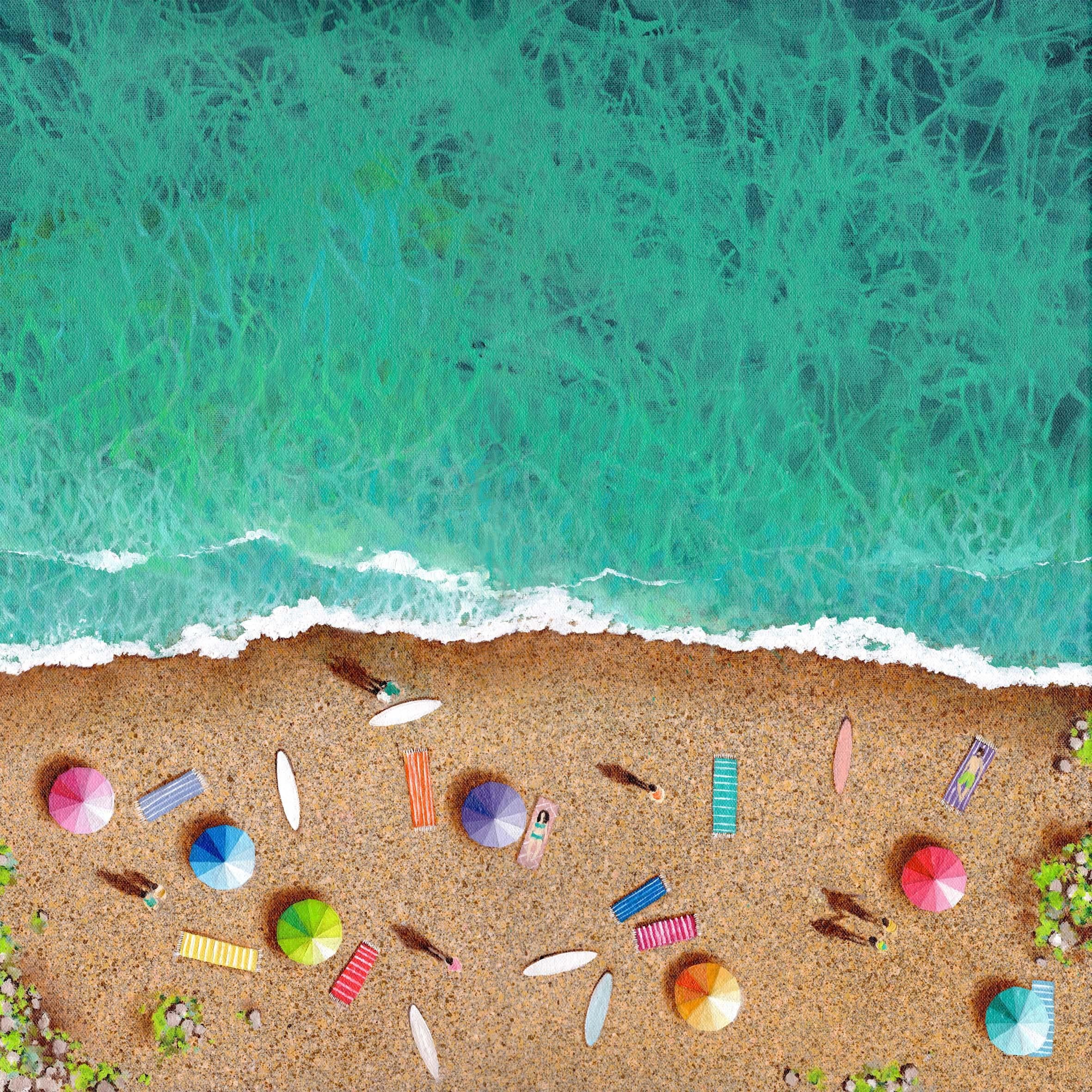 Pebble Beach-Green - paysage marin original- peinture à l'huile minimaliste- art contemporain
