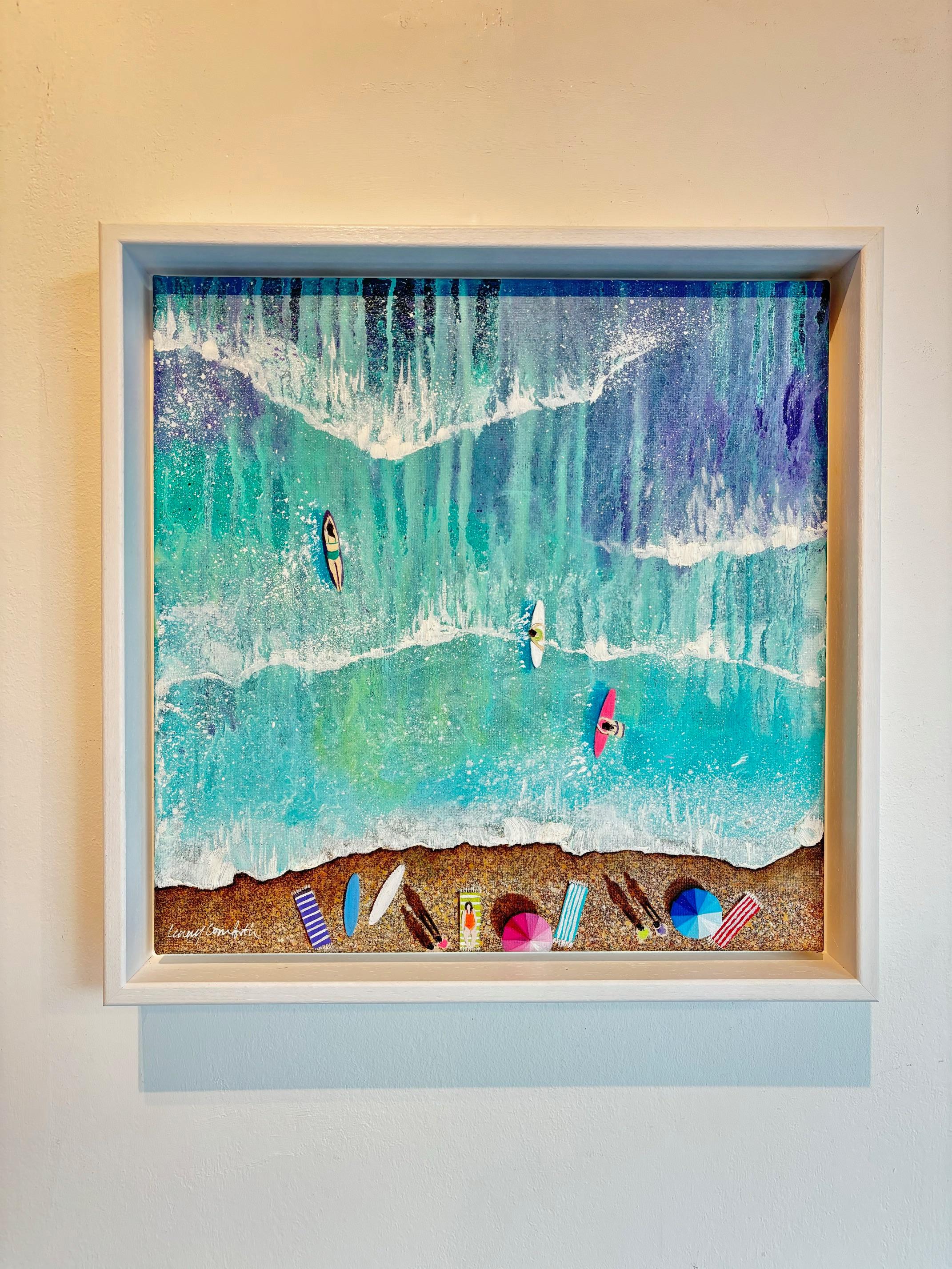 Pebble Beach-Púrpura-Pintura al óleo minimalista original-Paisaje marino contemporáneo Arte - Painting de Lenny Cornforth