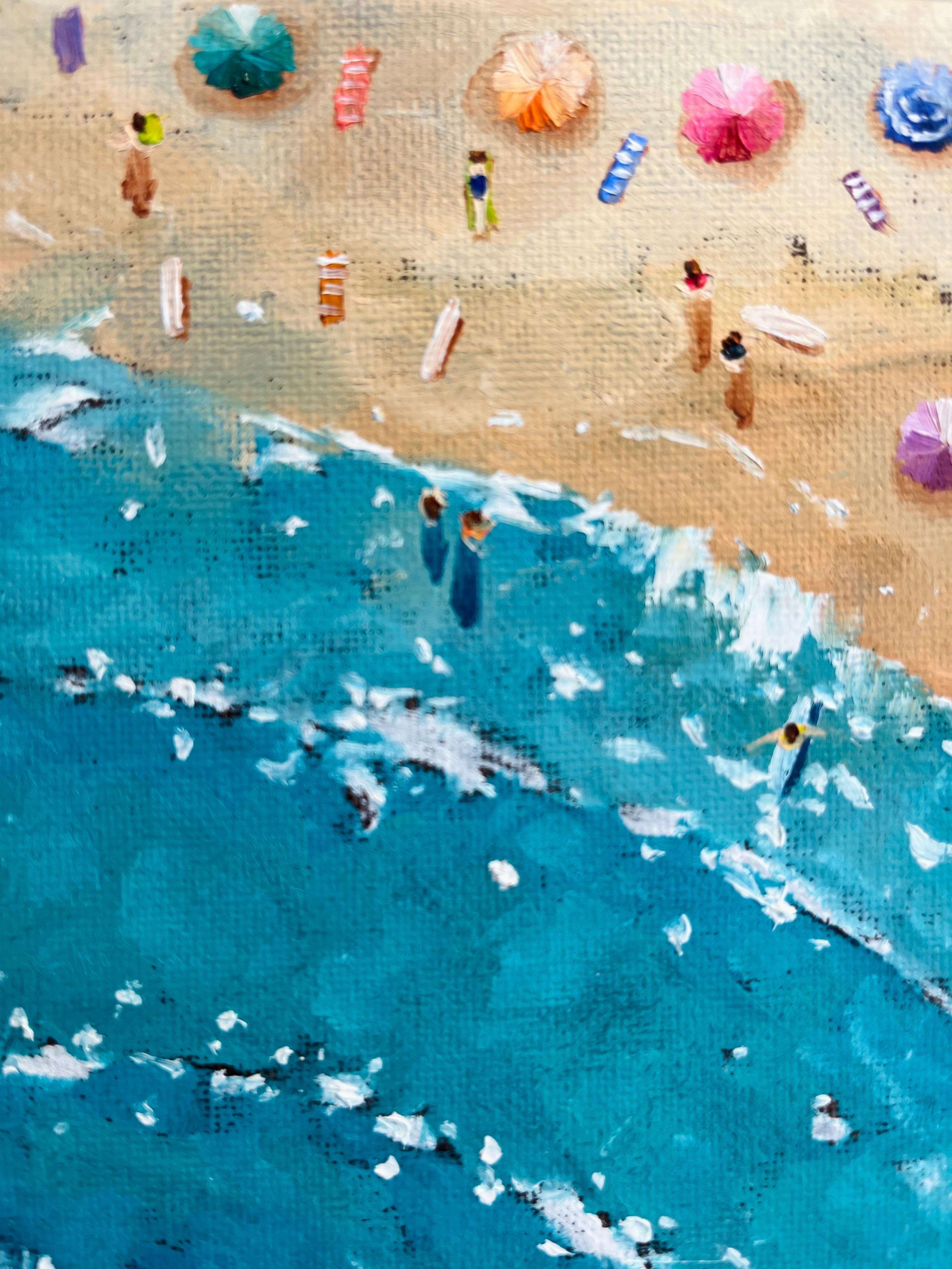 Cornish landscape artist Lenny Cornforth imparts a positive and lively rendering of a UK beach scene, depicting the Perranporth shoreline study from a beguiling aerial point of view. This figurative painting is suffused with joyful nostalgia for