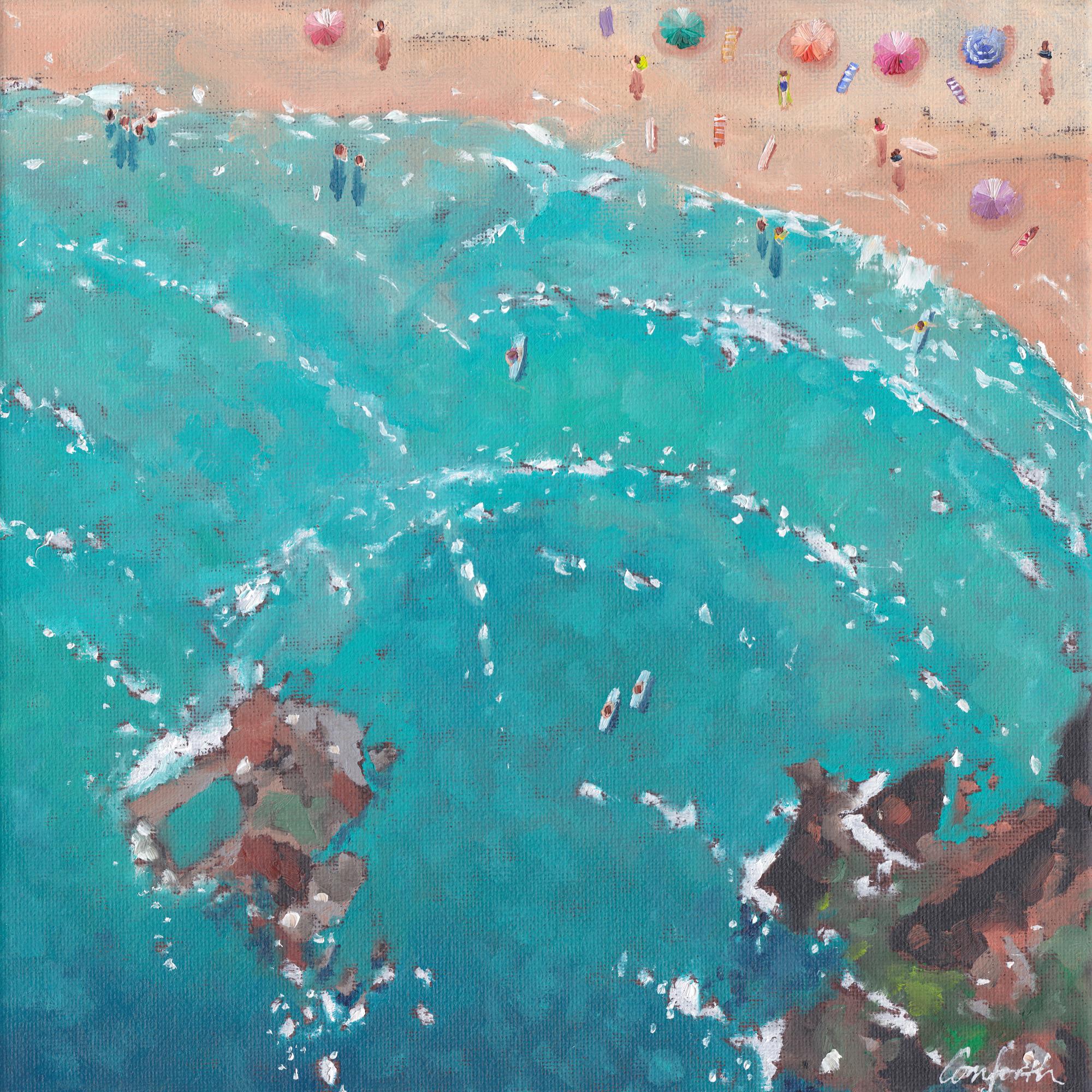 Lenny Cornforth Figurative Painting - Perranporth - contemporary figurative realism original artwork seascape coast