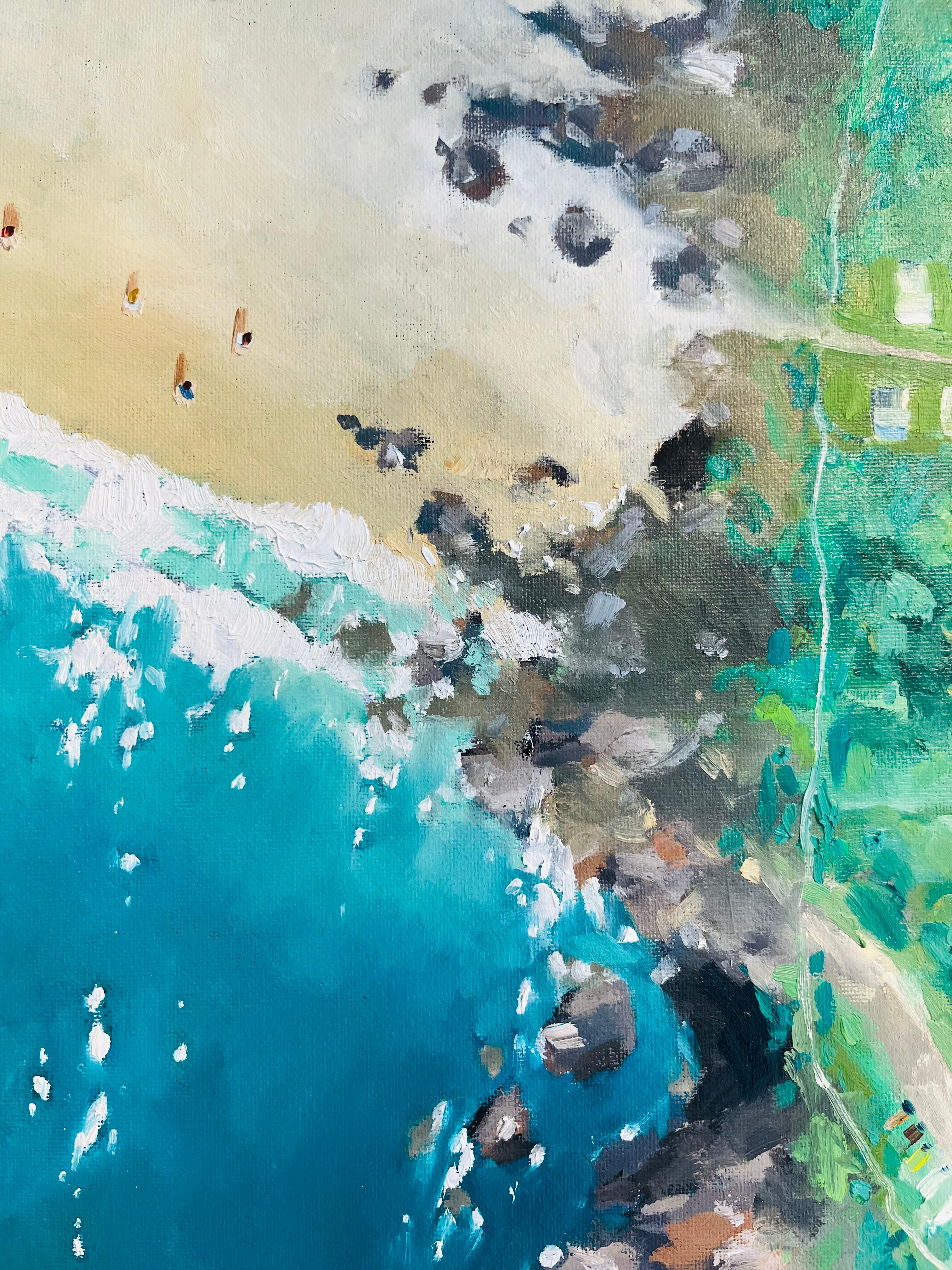 Polzeath Beach-original seascape impressionism painting-contemporary art - Blue Figurative Painting by Lenny Cornforth