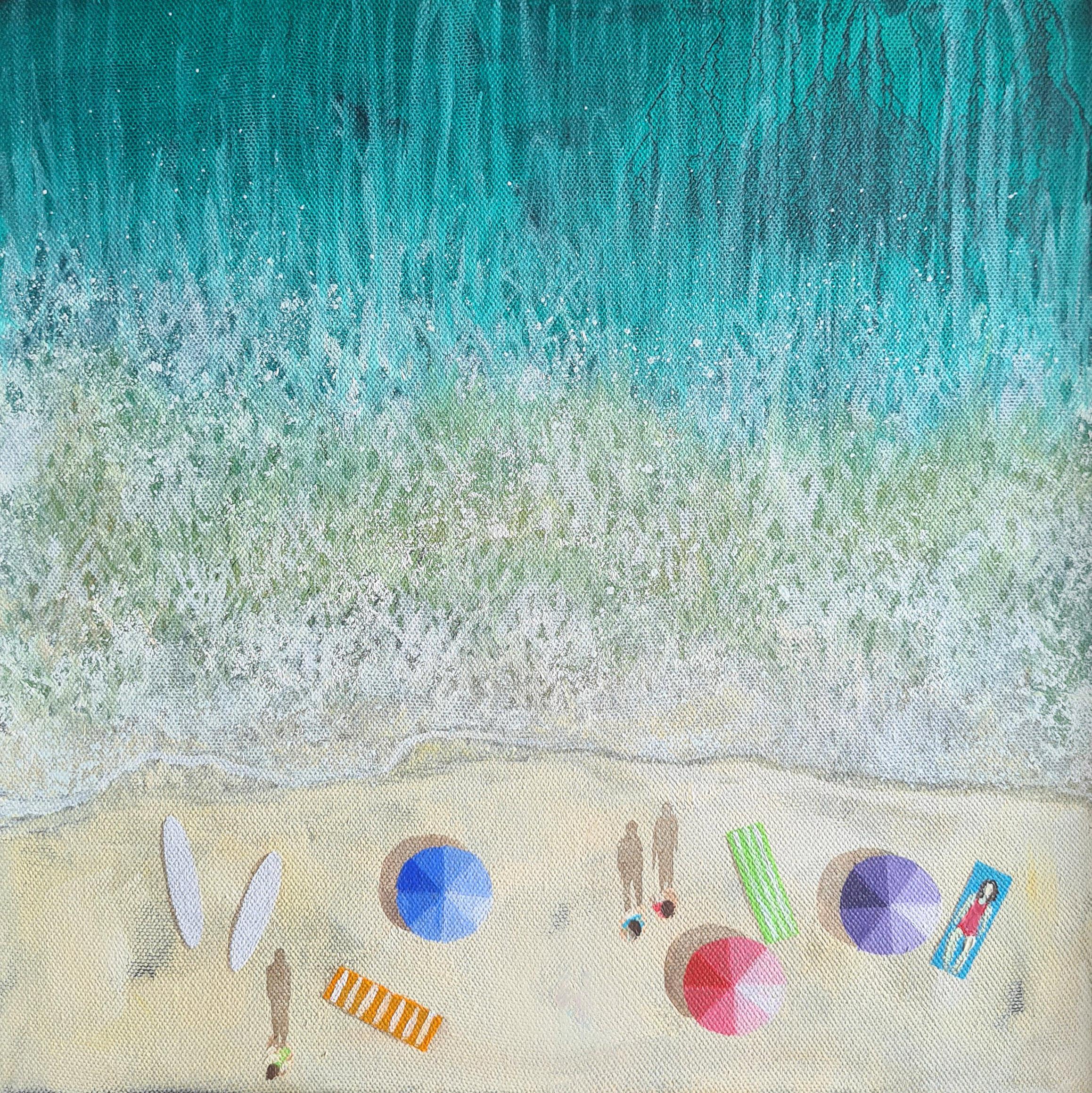 Red Swimsuit, Arial Beach Art, Seascape Painting, Figurative Art, Coastal Art