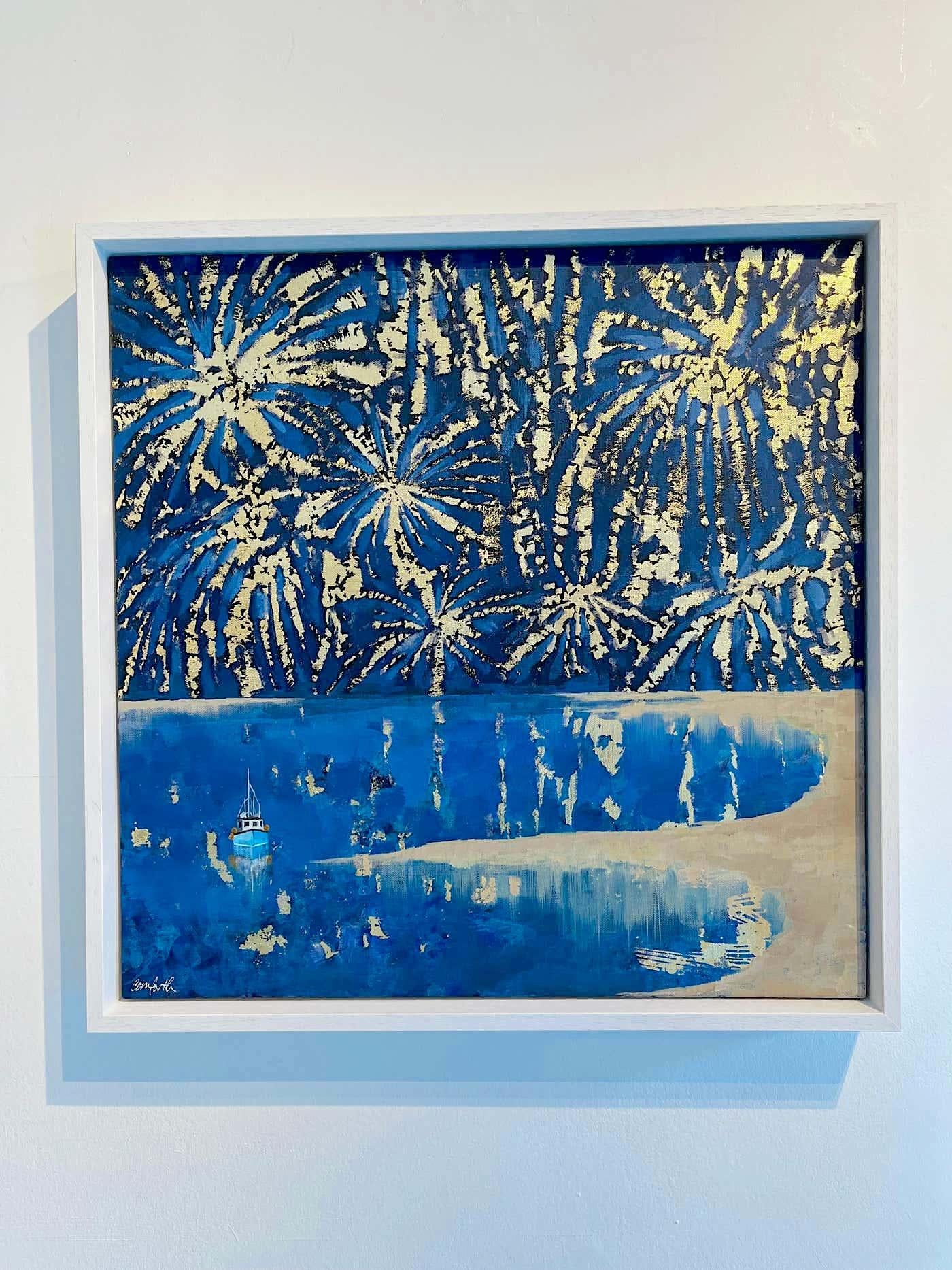 Winter Fireworks-ORIGINAL IMPRESSIONISM Seascape oil painting-contemporary art - Painting by Lenny Cornforth