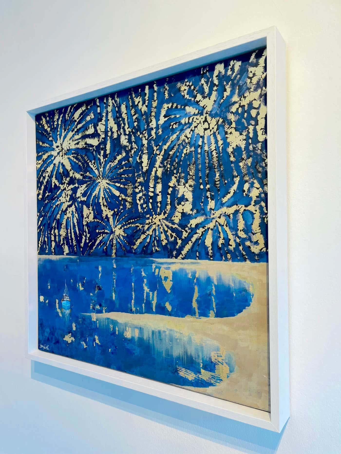A Winter Fireworks- Original impressionism seascape oil painting- modern art - Réalisme Painting par Lenny Cornforth