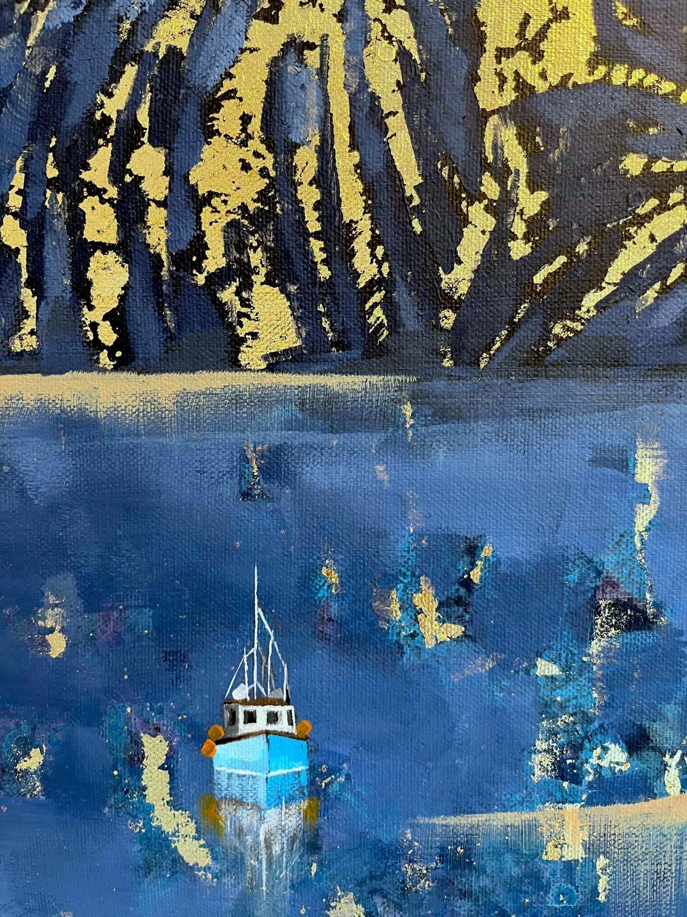 A Winter Fireworks- Original impressionism seascape oil painting- modern art - Argent Landscape Painting par Lenny Cornforth