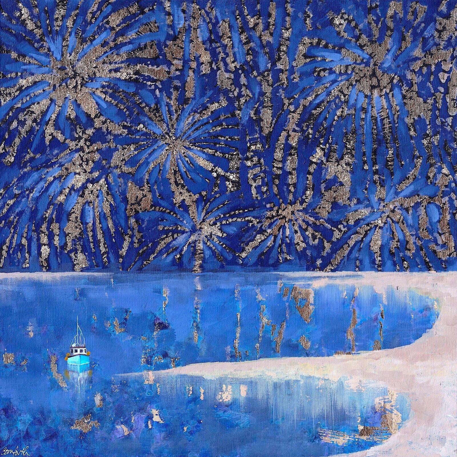 Winter Fireworks- Original impressionism seascape oil painting- modern art - Art by Lenny Cornforth