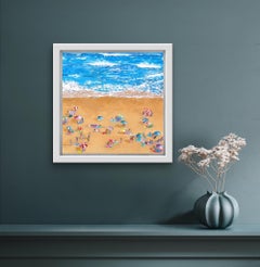 Blue Waves, Bright Umbrellas, beach art, Cornwall art, original art