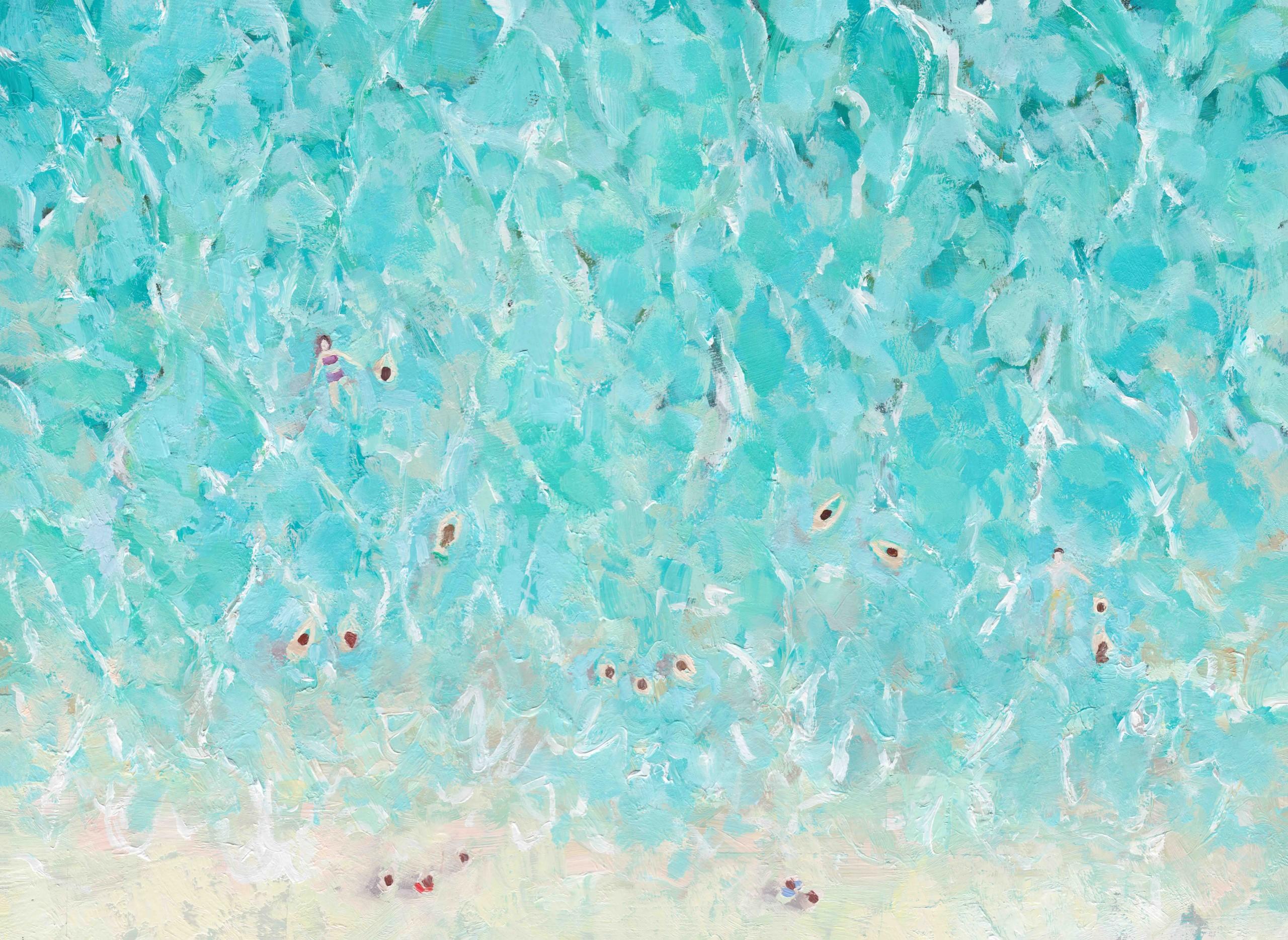 Figurative Painting de Lenny Cornforth - Bañarse en Cornualles, Arte brillante del paisaje marino de Cornualles, Pintura figurativa original