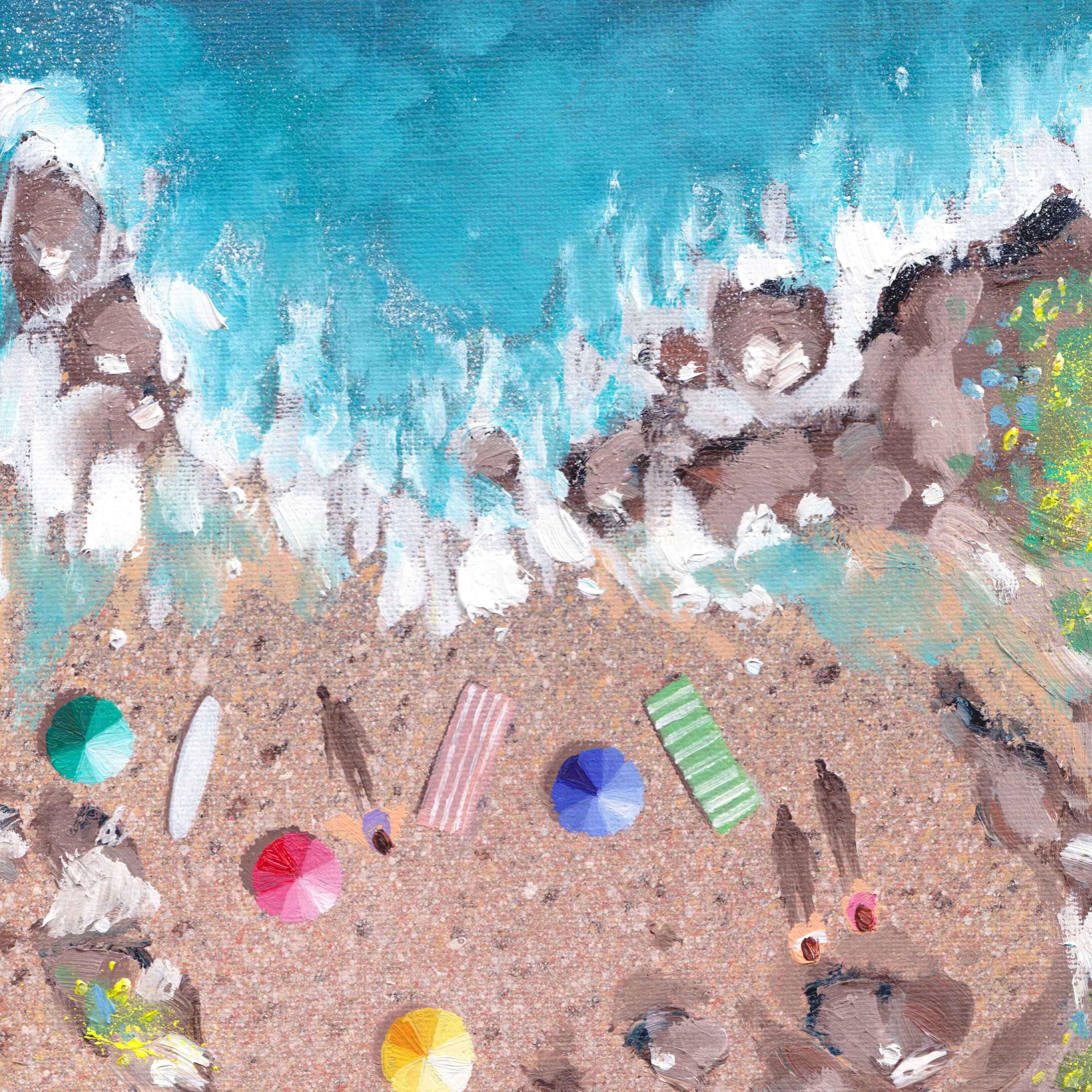 Lenny Cornforth Figurative Painting – Pebble Beach 1, Cornwall, Originalgemälde, Küstenkunst, Strand, Meereslandschaft, Sommer