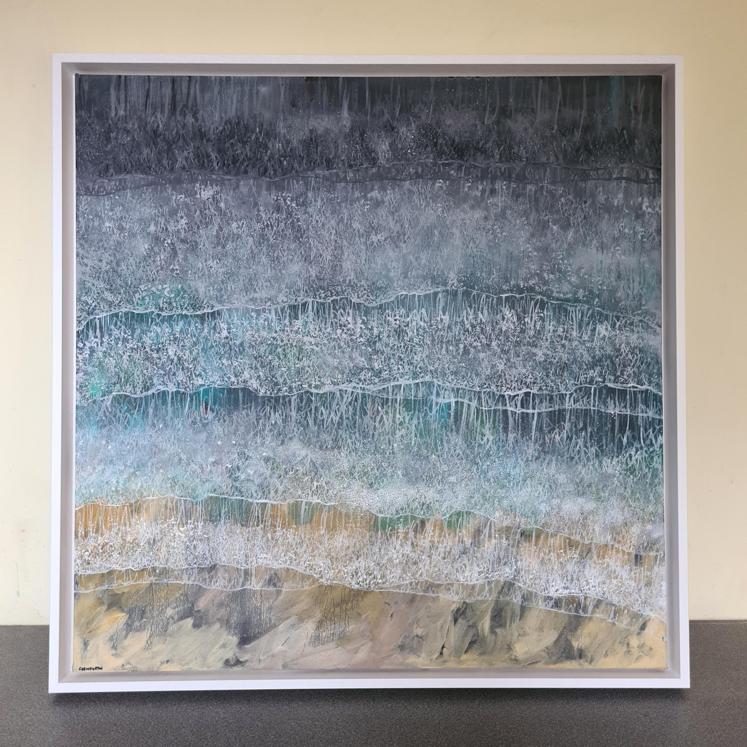Océan argenté, paysage marin aérien, peinture de bord de mer, art contemporain de maison de plage - Argent Abstract Painting par Lenny Cornforth